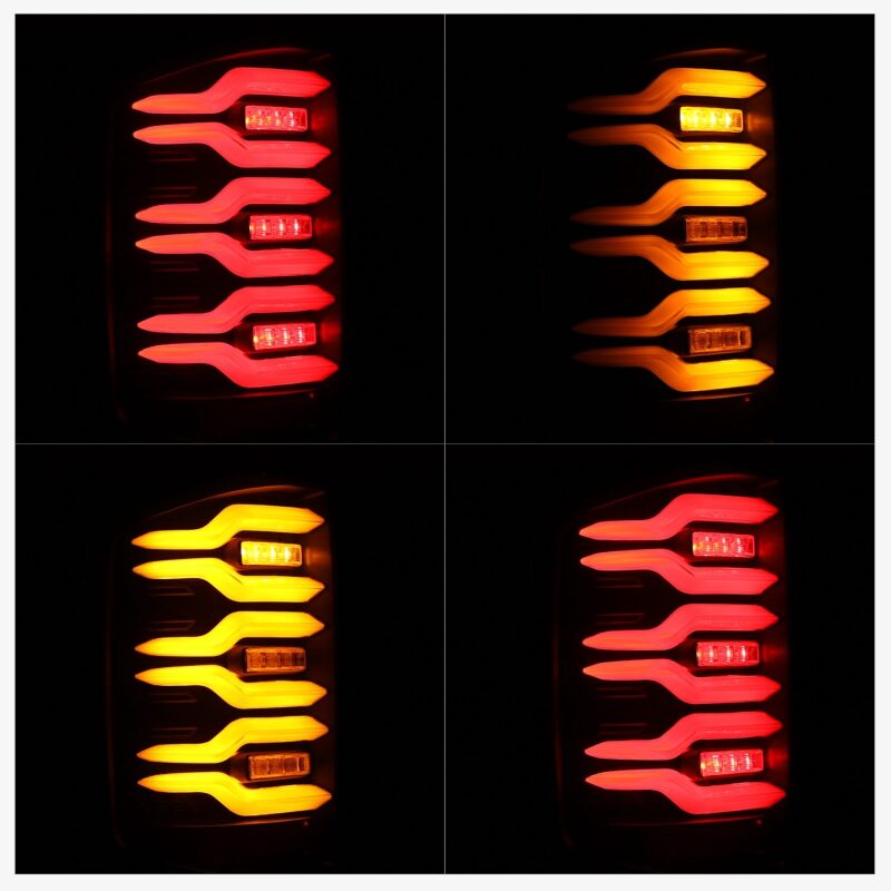 AlphaRex Luxx-Series LED tail lights for 14-18 Chevrolet Silverado, featuring black housing and sequential signals.