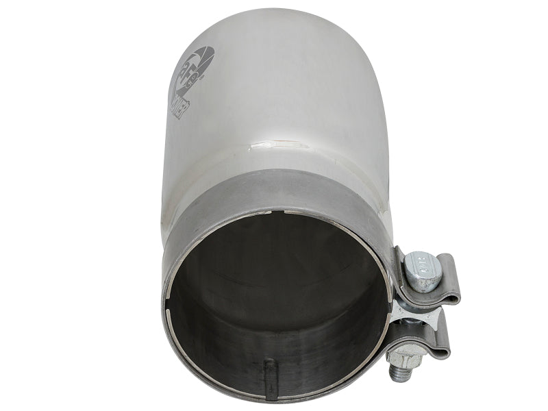 AFE MACH Force-XP universal exhaust tip with a 3.5-inch inlet, 4-inch outlet, and 7-inch length, featuring a polished stainless steel finish.