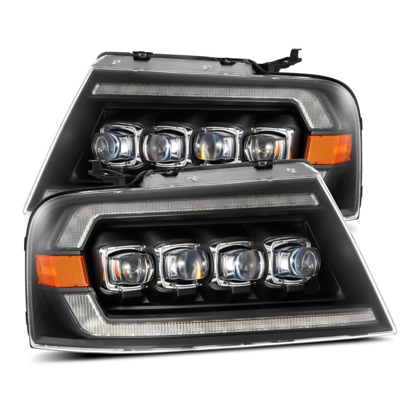 AlphaRex NOVA-Series LED projector headlights for 2004-2008 Ford F-150, featuring active lighting and sequential signals.