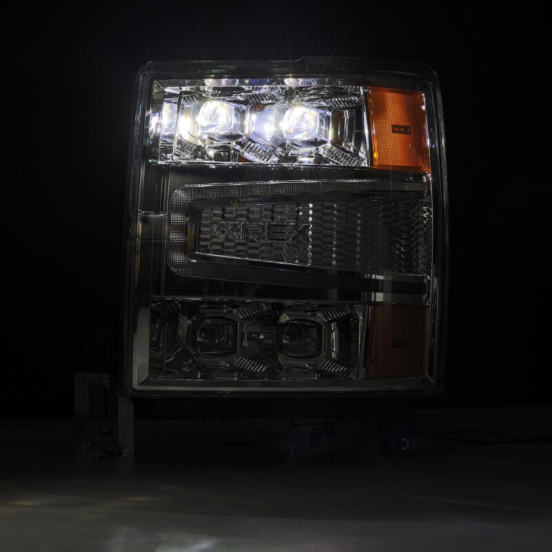 AlphaRex NOVA-Series LED projector headlights for 2004-2015 Chevy 1500HD with chrome finish and sequential signals.