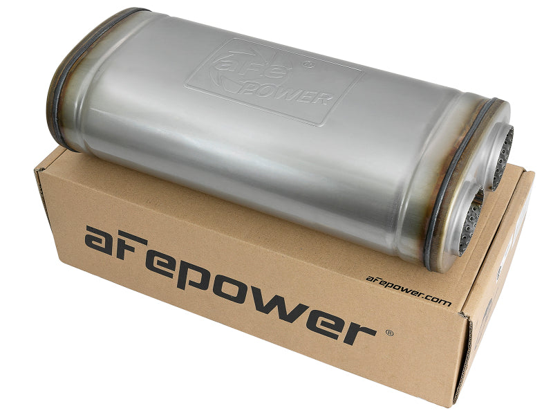 Afe MACH Force-Xp muffler with oval body design, featuring dual outlets, displayed on a branded box.