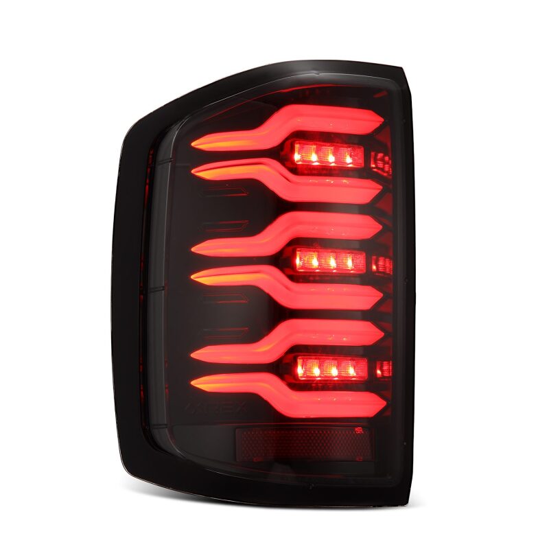 AlphaRex Luxx-Series LED tail lights for 14-18 Chevy Silverado 1500 in alpha-black with sequential signals.