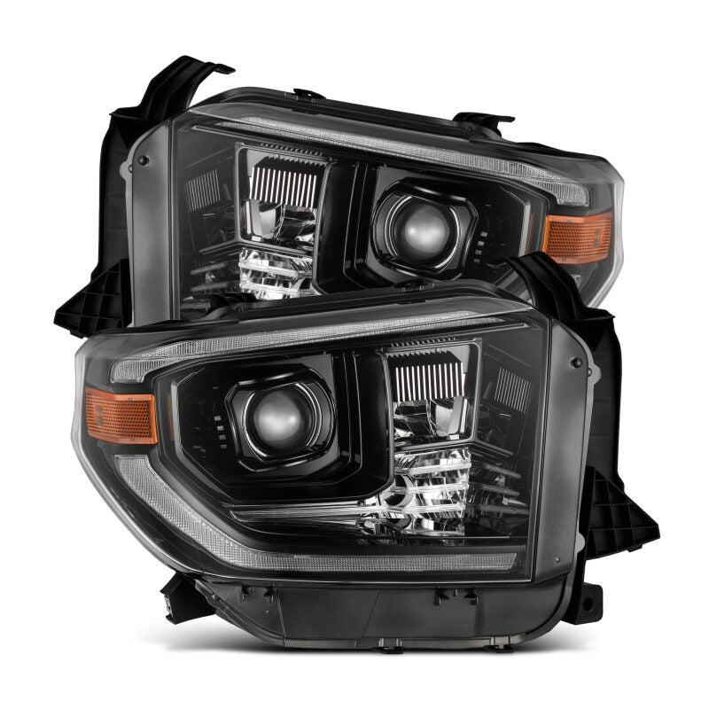 AlphaRex LUXX-Series LED projector headlights for 14-21 Toyota Tundra in black with active light and sequential signals.