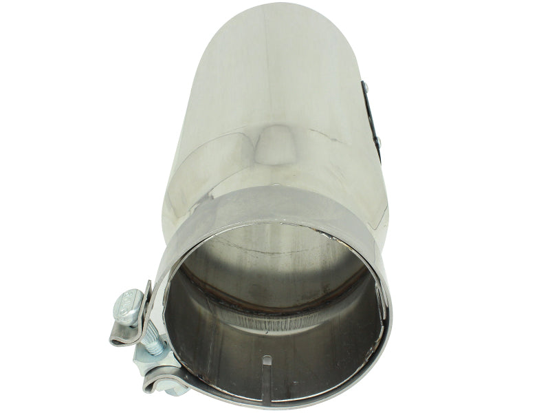 Polished stainless steel afe MACH Force-Xp exhaust tip with 4-inch inlet, 5-inch outlet, and 12-inch length.