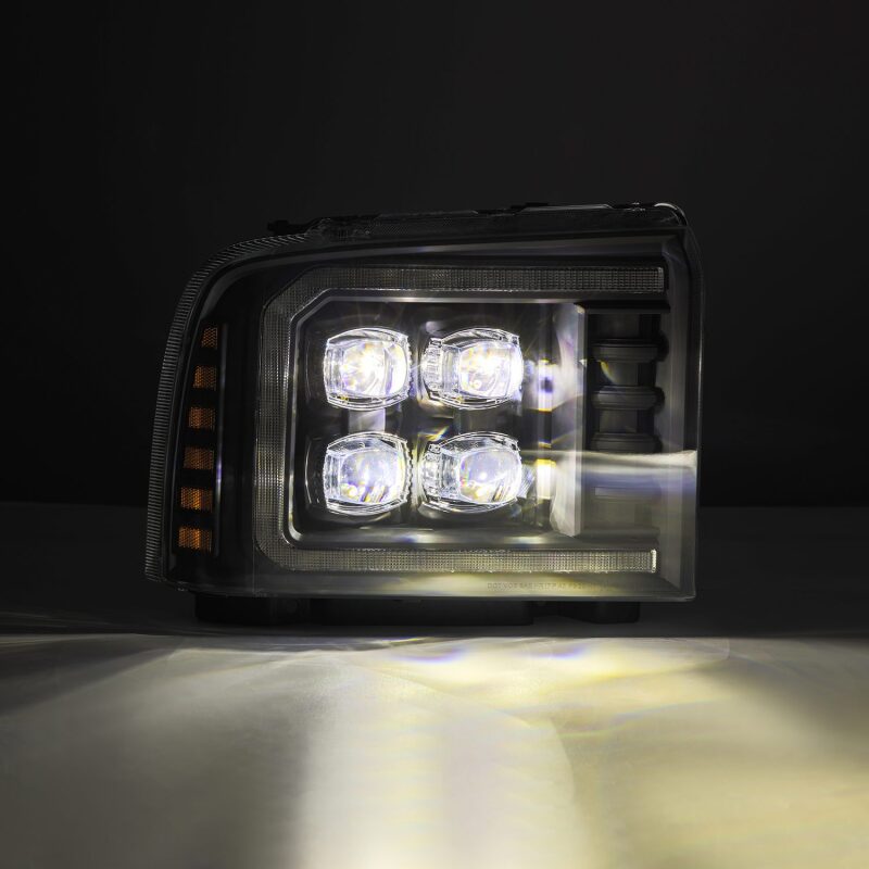 AlphaRex NOVA LED projector headlight for 05-07 Ford Super Duty with sequential signal and daytime running lights.