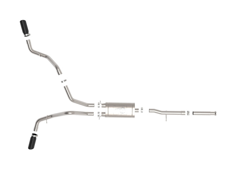 Cat-back exhaust system for GM trucks 2009-2018 with V6 4.3L and V8 4.8/5.3L engines, featuring stainless steel construction.