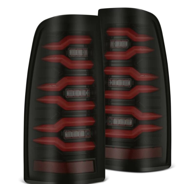 AlphaRex LUXX-Series LED tail lights for 99-06 Chevrolet Silverado and GMC Sierra in black and red design.