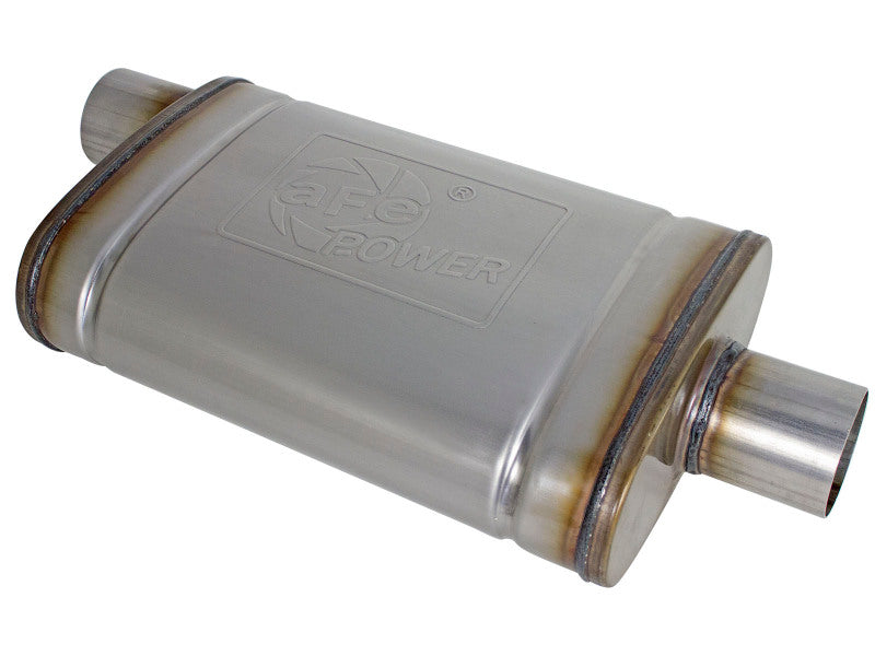 aFe MACH Force-Xp oval muffler with 2-1/2 inch inlet, 9 inch width, and 14 inch length for enhanced exhaust performance.