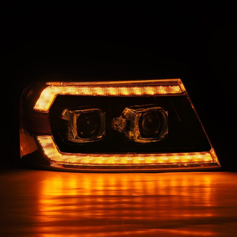AlphaRex 04-08 Ford F150 PRO-Series projector headlights in alpha-black with sequential signal and DRL features.