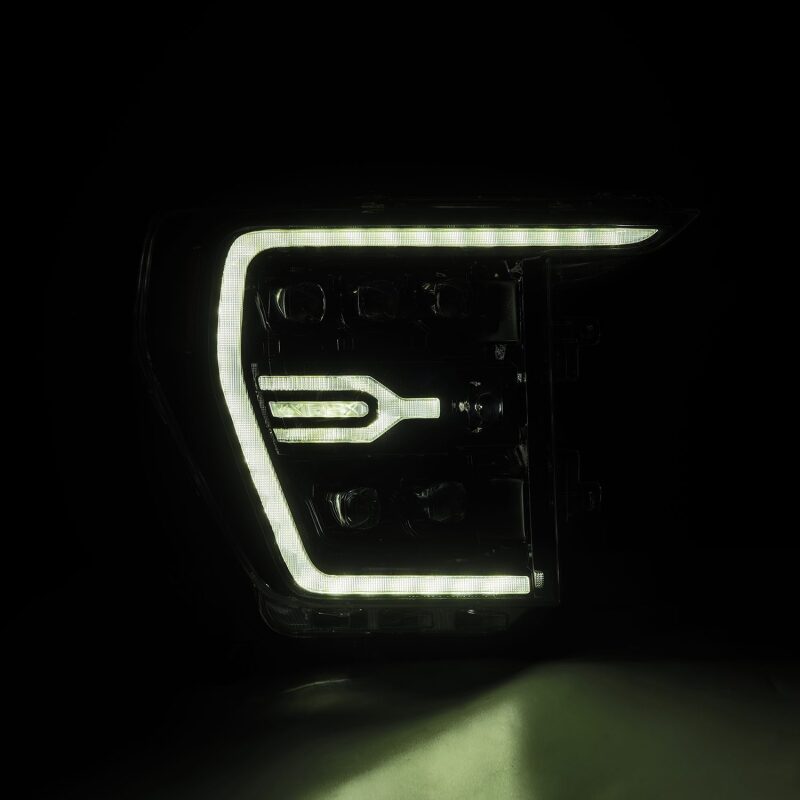AlphaRex NOVA LED projector headlights for 2021-2022 Ford F-150, featuring a plank style design with sequential signals.