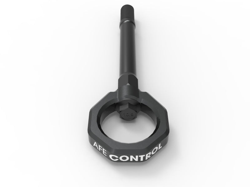 aFe CONTROL Tow Hook for Chevrolet Corvette C8 (2020-2025) designed for V8-6.2L, featuring a durable black finish.
