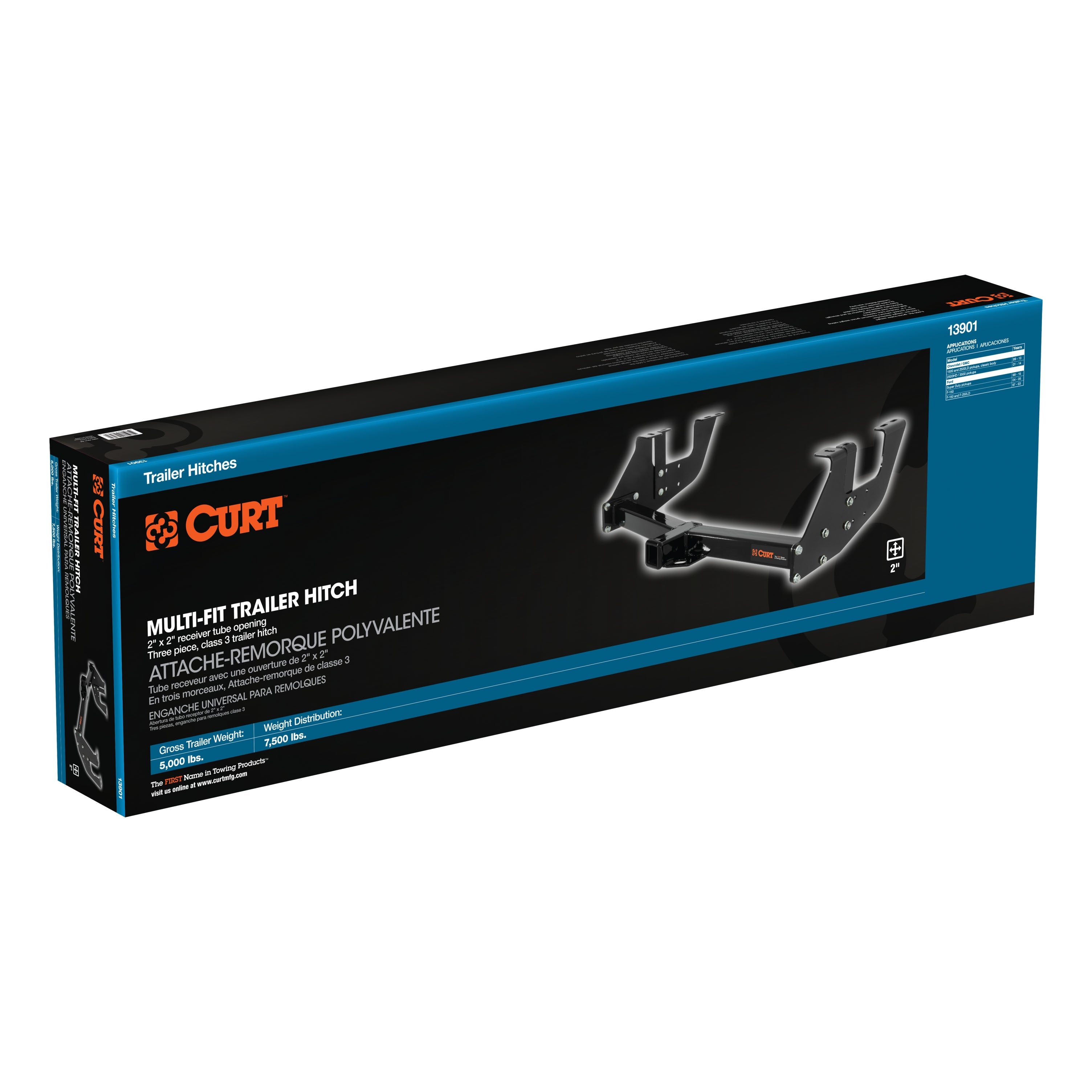 CURT Multi-Fit Class 3 Adjustable Trailer Hitch, 2-Inch Receiver, 5,000 lbs. Select Chevrolet, Ford, GMC Vehicles Model 13901