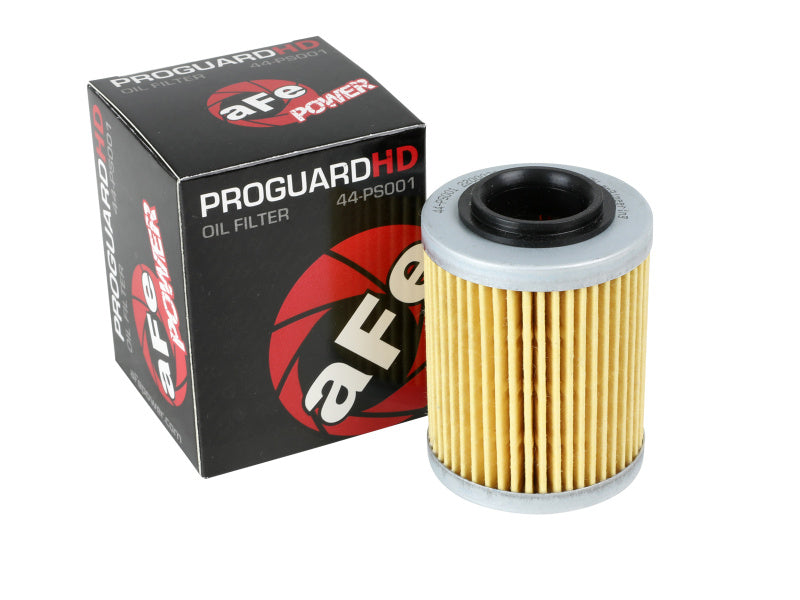 aFe PROGUARD oil filter with a cylindrical design and pleated paper element, packaged in a branded box.