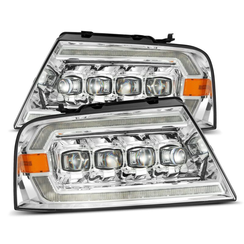 AlphaRex NOVA LED projector headlights for 04-08 Ford F150 and 06-08 Lincoln Mark LT with chrome finish and sequential lighting.