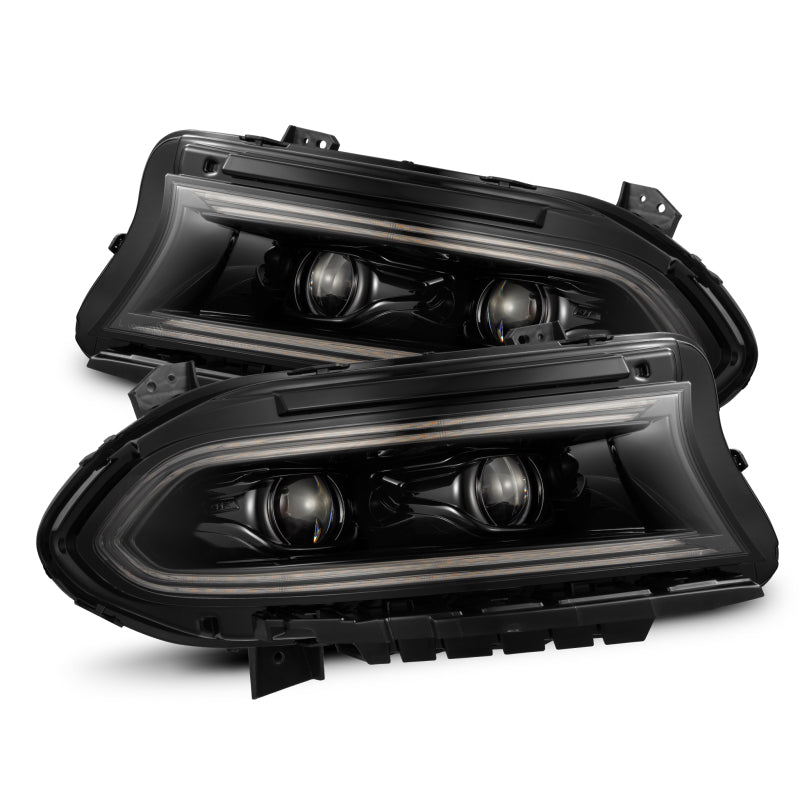 AlphaRex LUXX LED projector headlights for 2015-2023 Dodge Charger in alpha-black with sequential signals and daytime running lights.