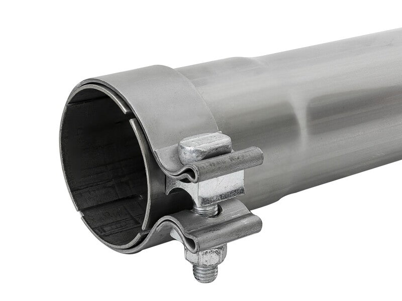 afe MACH Force-Xp resonator delete pipe with 3-inch inlet and outlet, featuring a durable stainless steel design and clamps.
