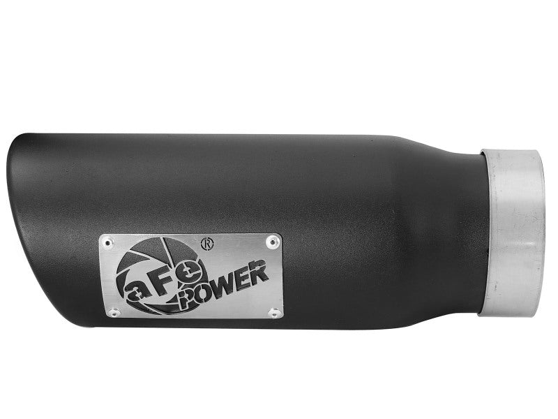 Black afe MACH Force-Xp universal exhaust tip with a 3-1/2 inch inlet, 4-1/2 inch outlet, and 12 inch length.