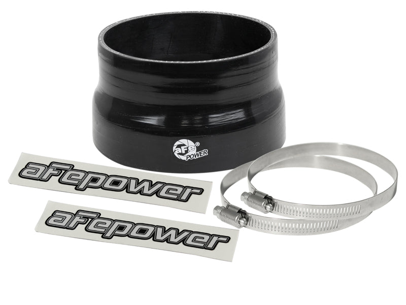 Black afe Magnum FORCE Intake Coupling Kit includes a straight coupling, two clamps, and branded stickers for performance upgrades.