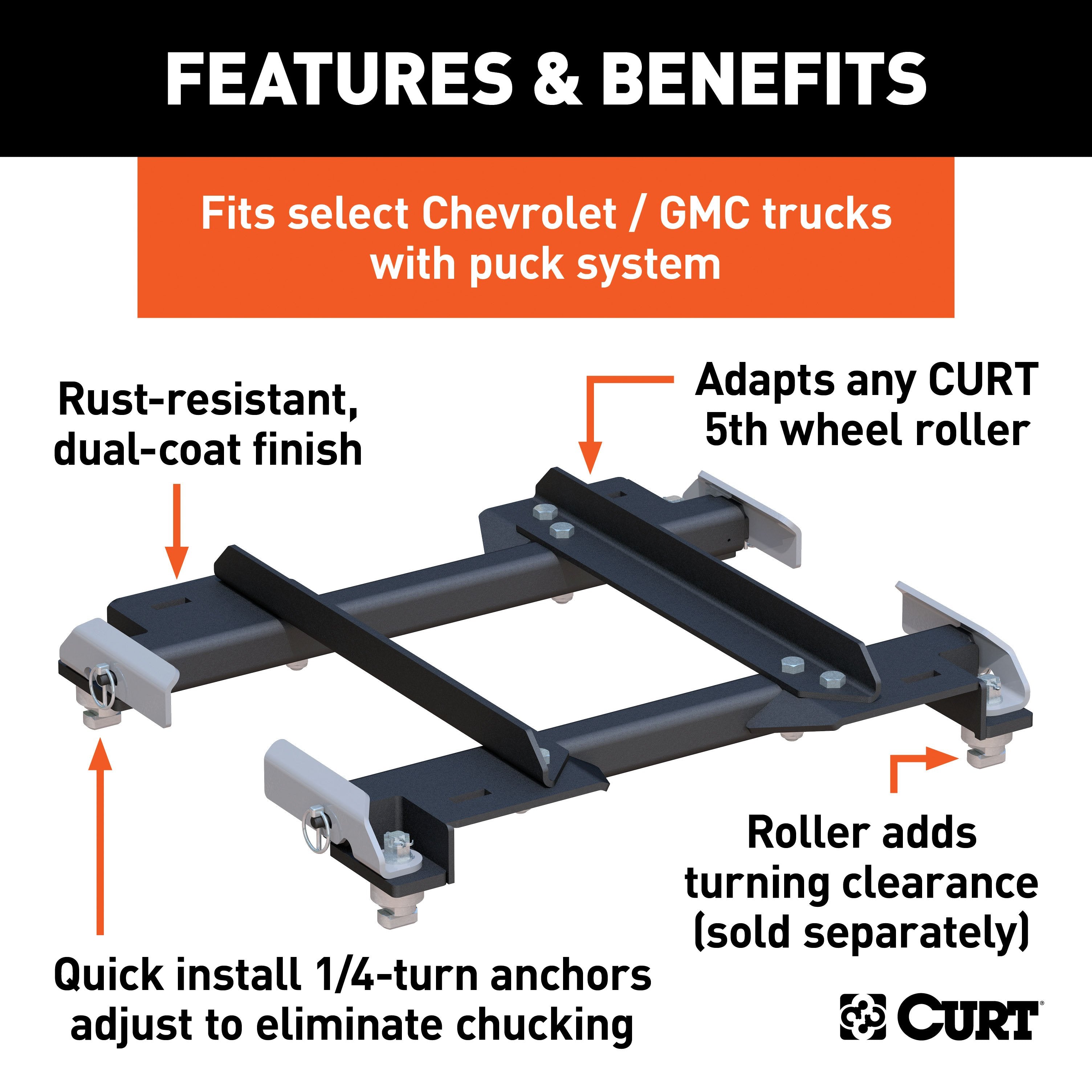 CURT Replacement Chevrolet Silverado, GMC Sierra 2500, 3500 HD Puck System 5th Wheel Roller Adapter, 20,000 lbs, Hitch Head and Roller Required Model 16023