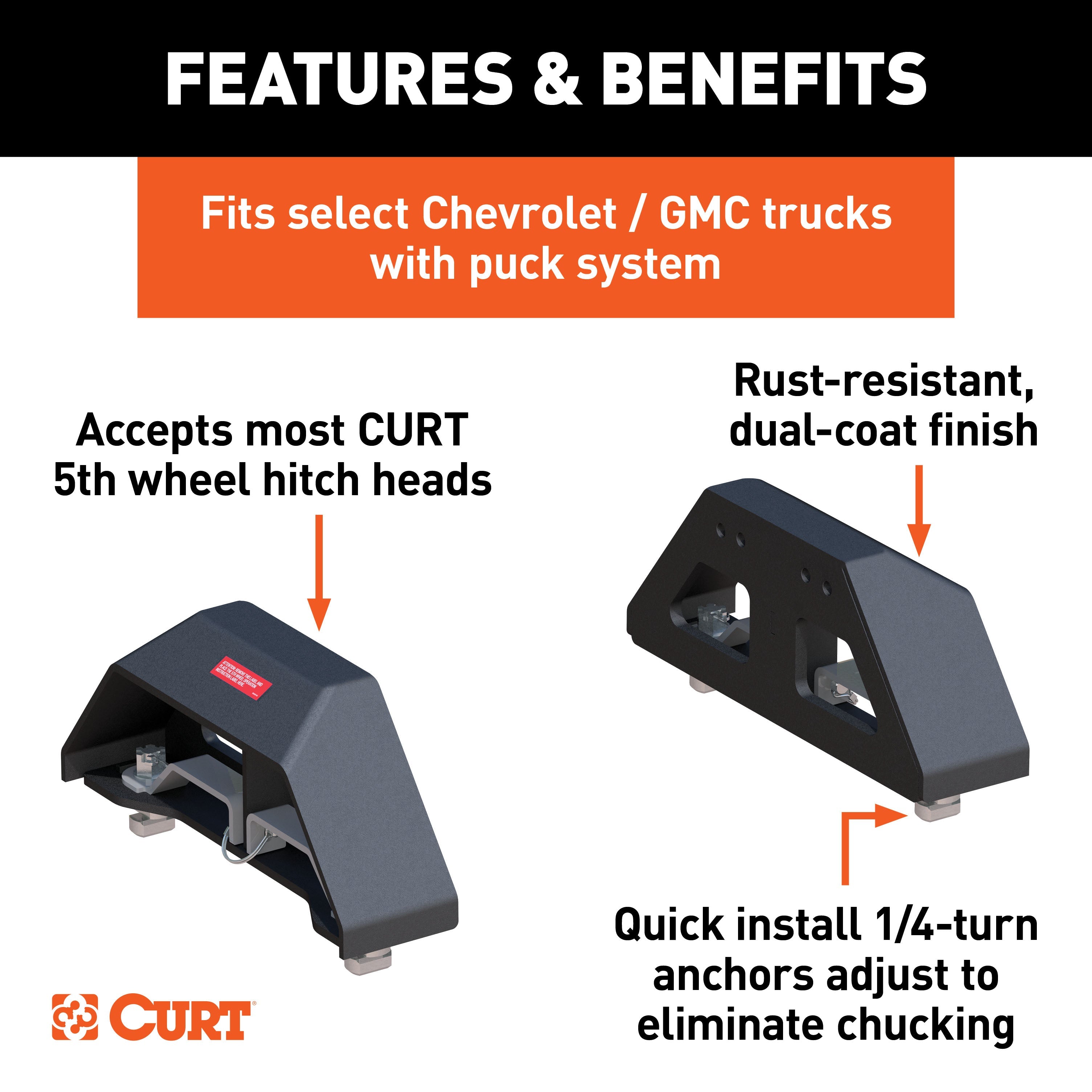CURT Replacement Chevrolet Silverado, GMC Sierra 2500, 3500 HD Puck System 5th Wheel Legs, 25,000 lbs, Hitch Head Required Model 16029