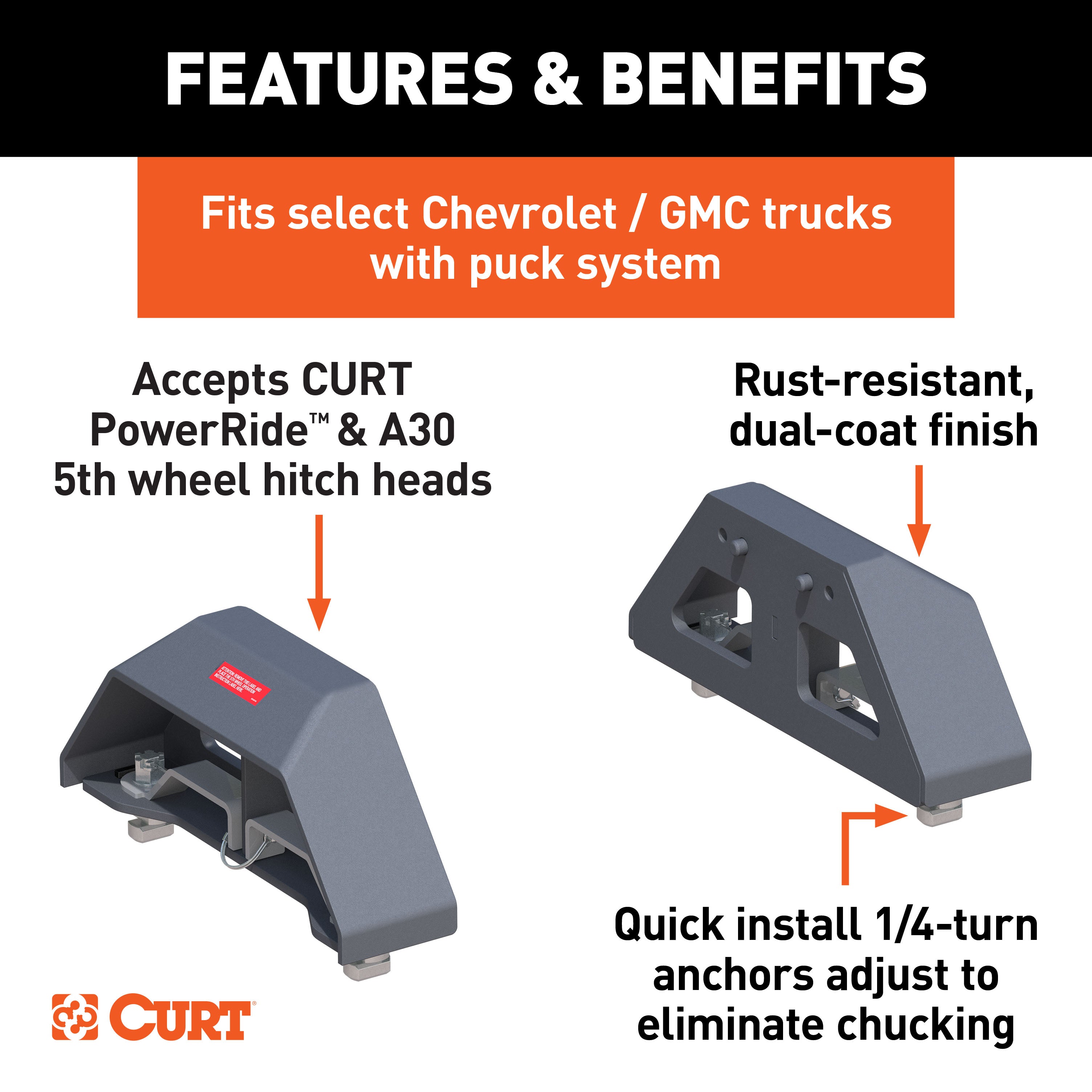 CURT PowerRide Replacement Chevrolet Silverado, GMC Sierra 2500, 3500 HD Puck 5th Wheel Legs, 30,000 lbs, Teridium Grey, Hitch Head Required Model 16030