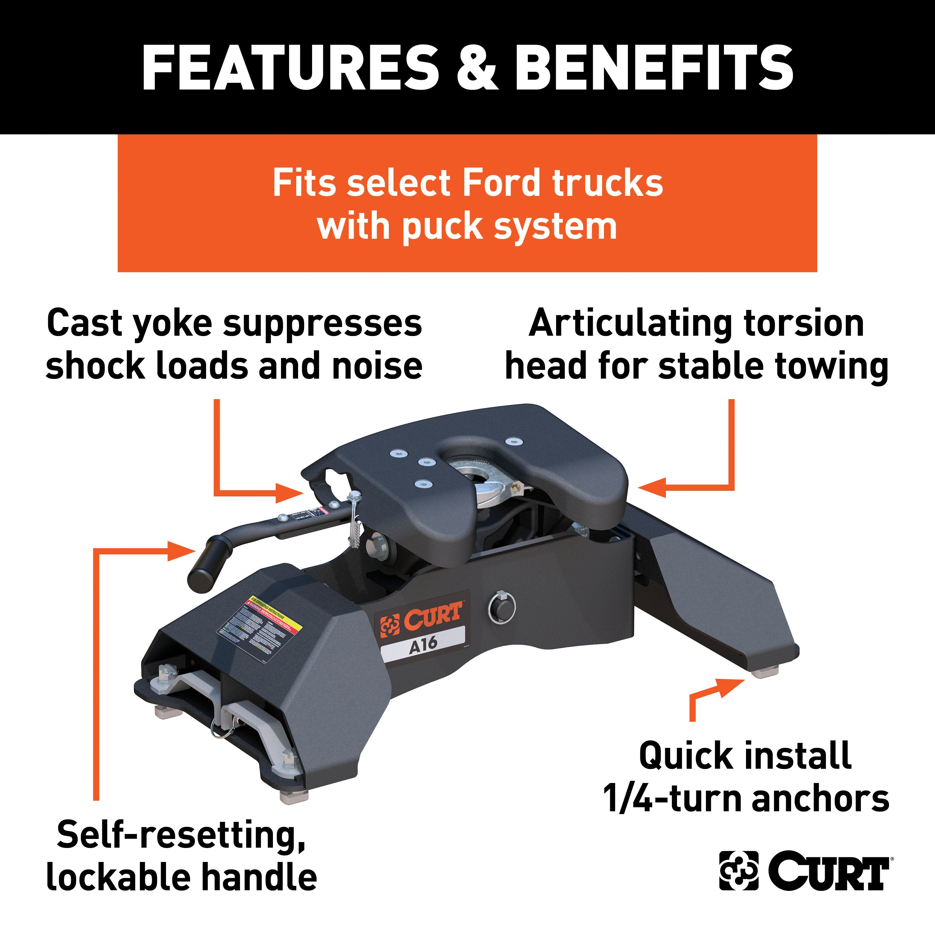 CURT A16 5th Wheel Hitch, 16,000 lbs, Select Ford F-250, F-350, F-450, 8-Foot Bed Puck System Model 16033