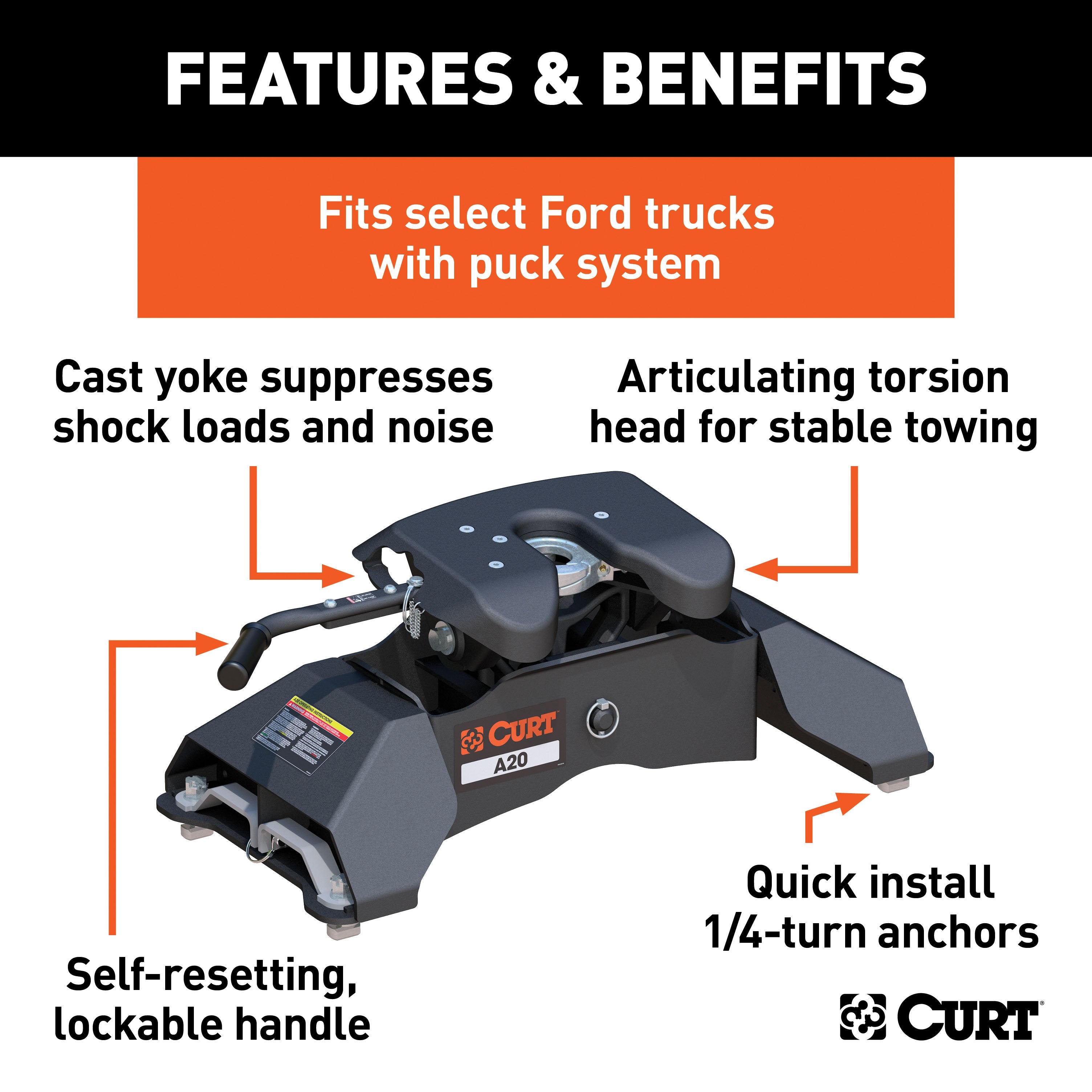 CURT A20 5th Wheel Hitch, 20,000 lbs, Select Ford F-250, F-350, F-450, 8-Foot Bed Puck System Model 16034