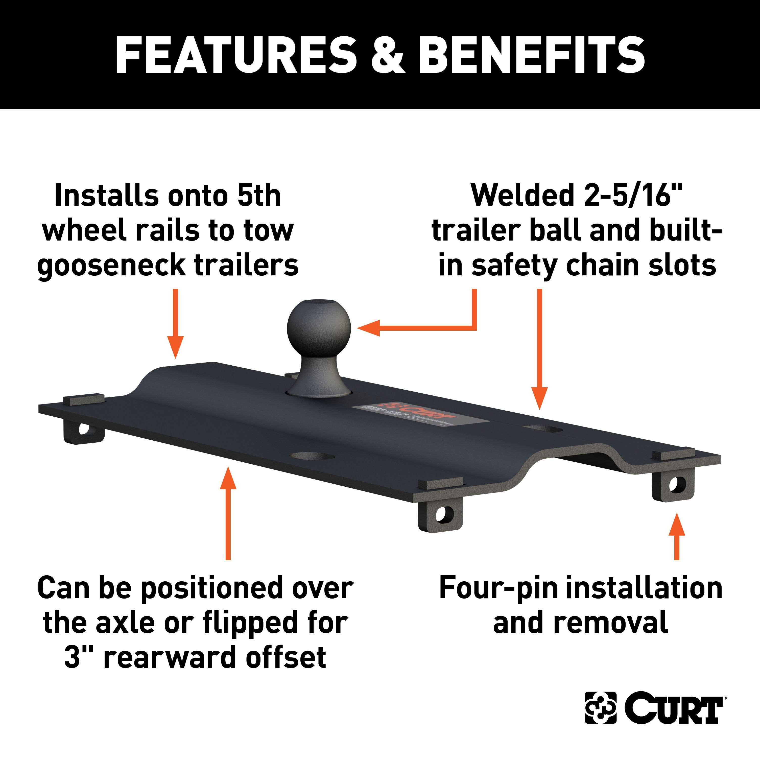 CURT Bent Plate 5th Wheel to Gooseneck Adapter Hitch, Fits Industry-Standard Rails, 25,000 lbs, 2-5/16-Inch Ball Model 16055