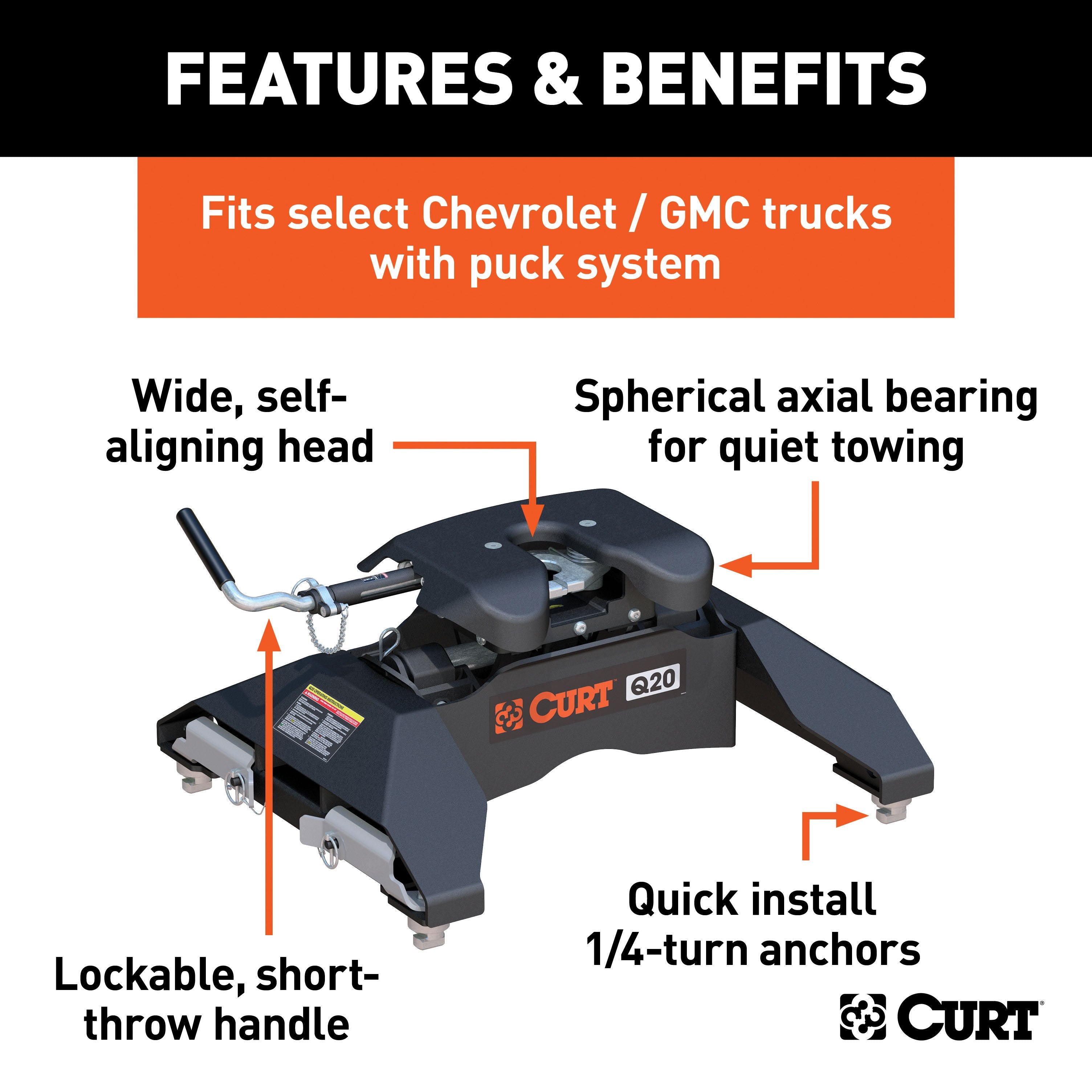 CURT Q20 5th Wheel Hitch, 20,000 lbs, Select Chevrolet Silverado, GMC Sierra 2500, 3500 HD, 8-Foot Bed Puck System Model 16065