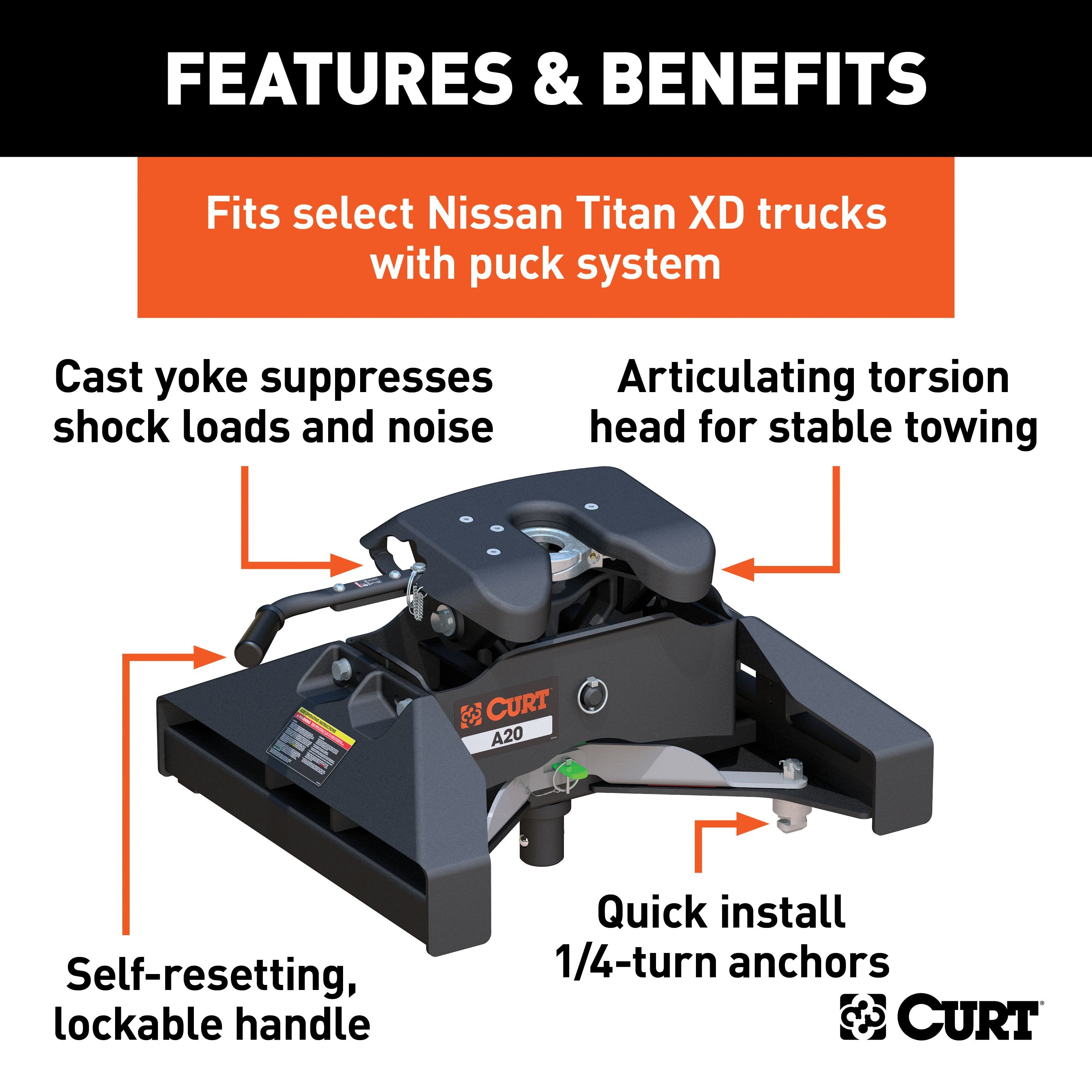 CURT A20 5th Wheel Hitch, 20,000 lbs, Select Nissan Titan XD, 8-Foot Bed Puck System Model 16074