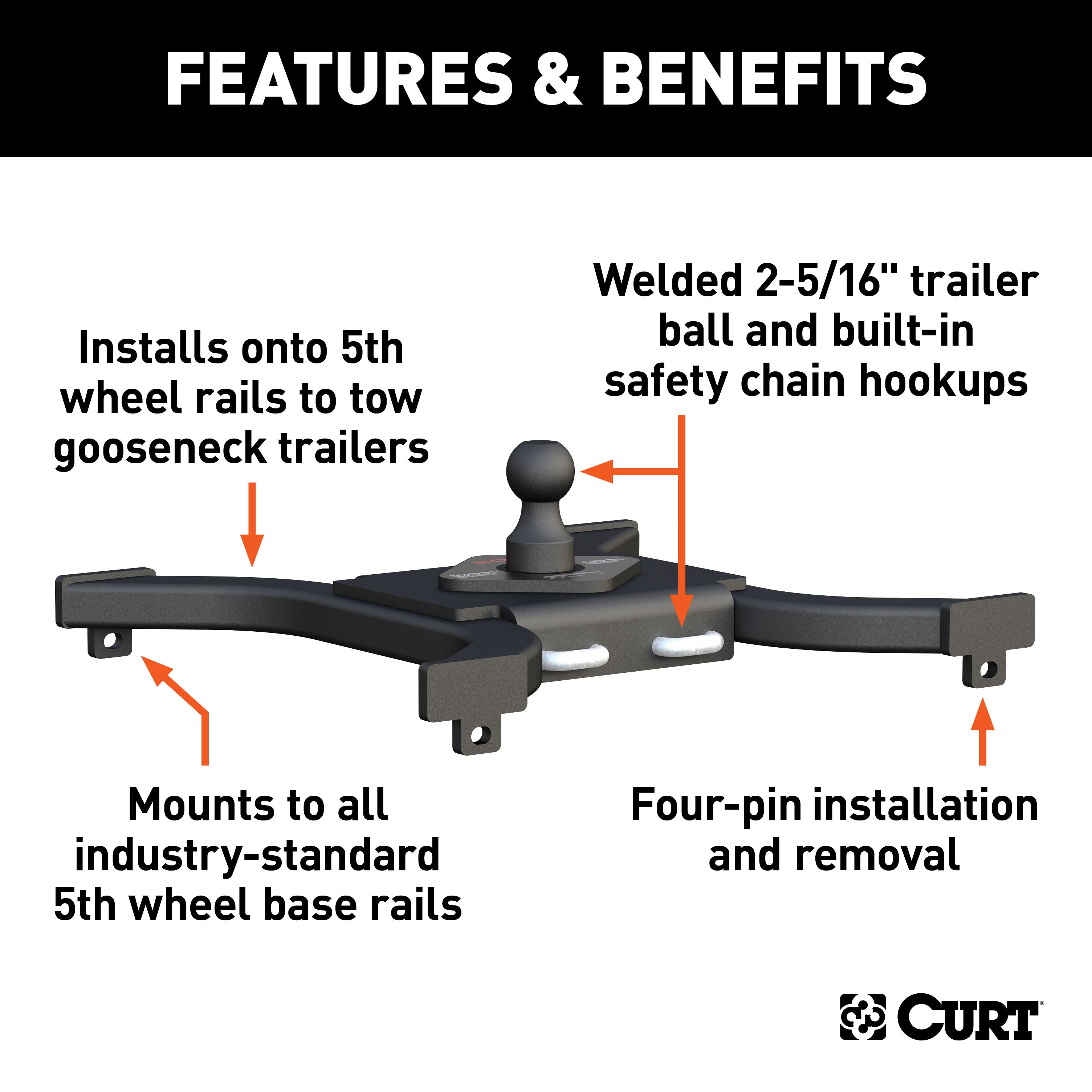 CURT Spyder 5th Wheel to Gooseneck Adapter Hitch, Fits Industry-Standard Rails, 25,000 lbs, 2-5/16-Inch Ball Model 16085