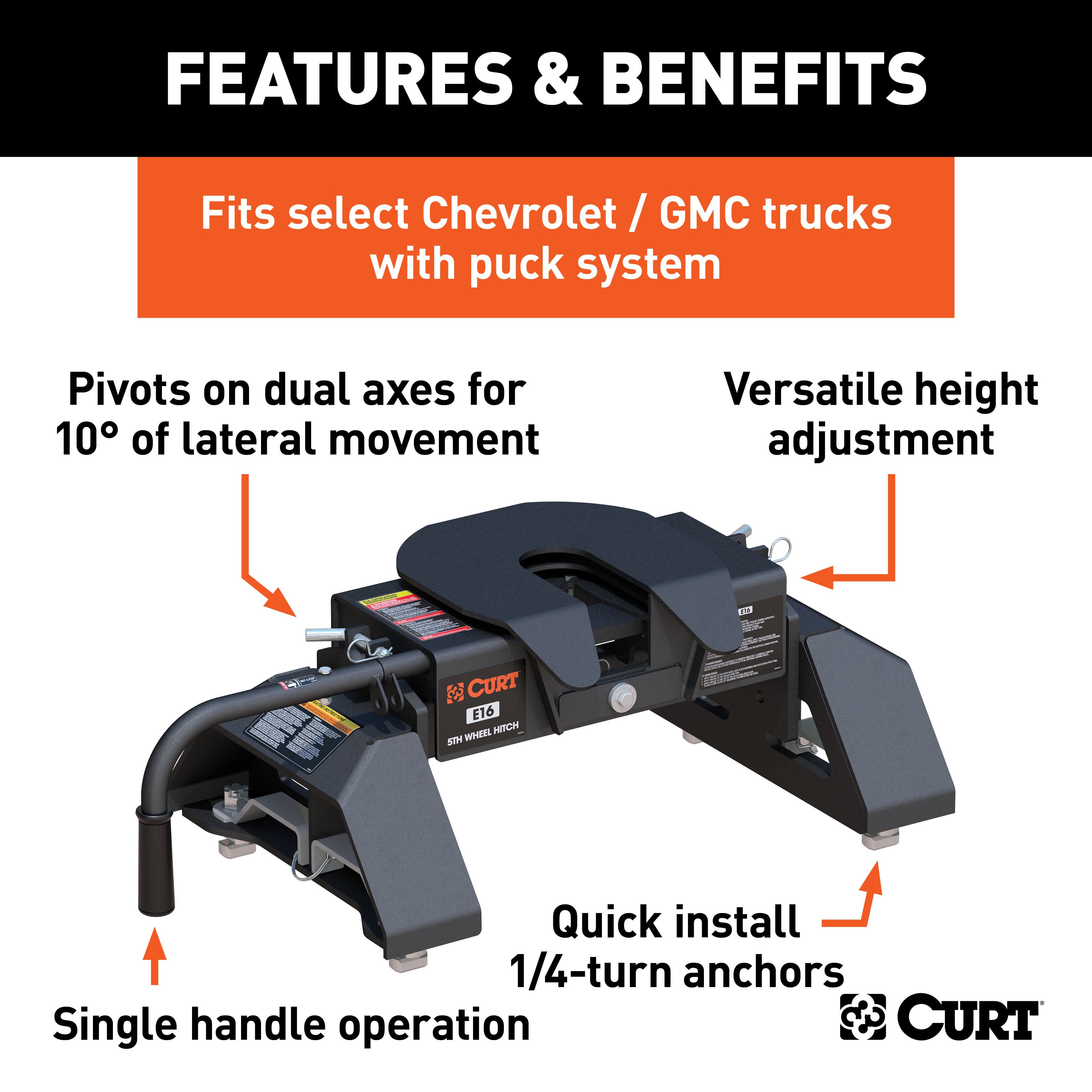 CURT E16 5th Wheel Hitch, 16,000 lbs, Select Chevrolet Silverado, GMC Sierra 2500, 3500 HD, 8-Foot Bed Puck System Model 16097