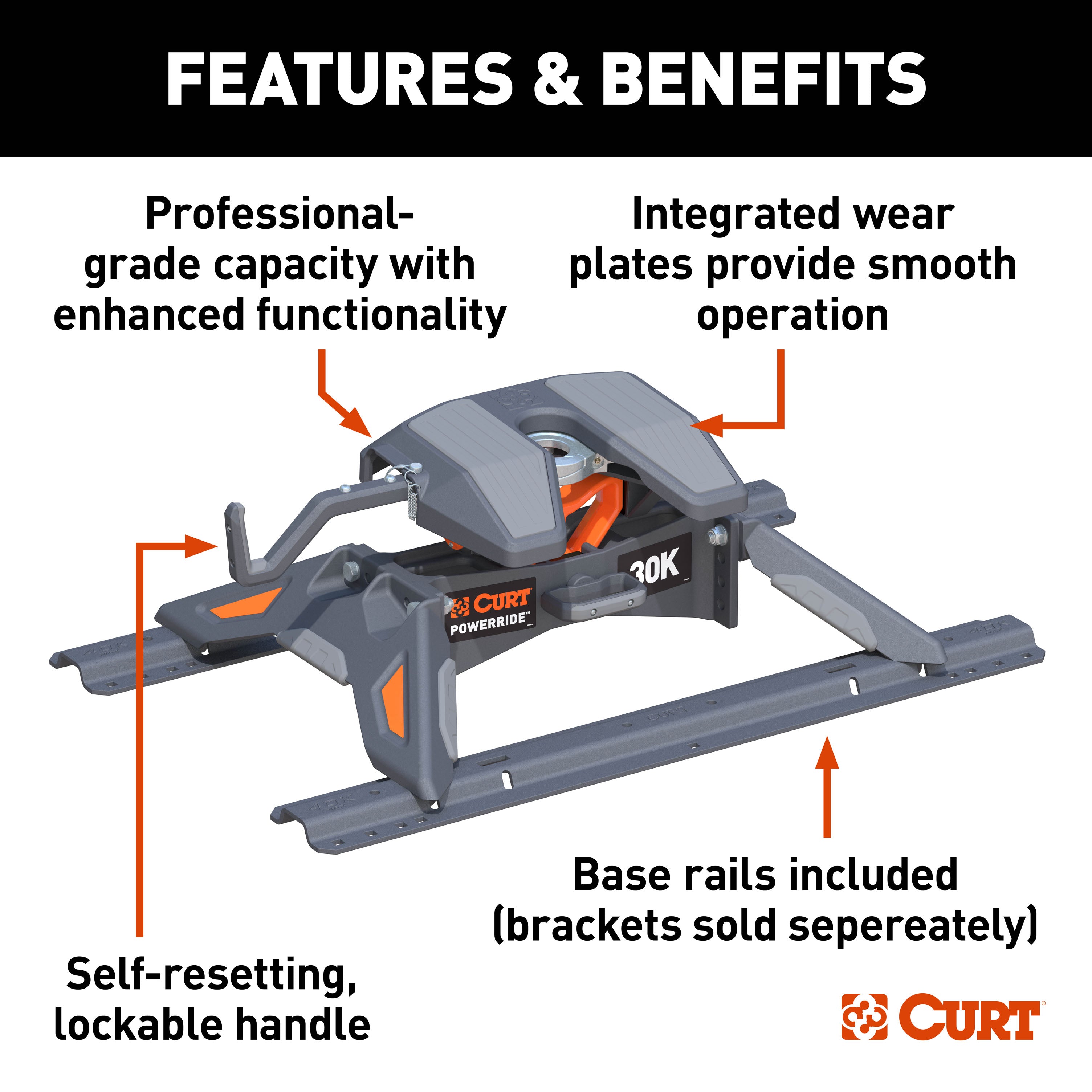 CURT PowerRide 30K 5th Wheel Hitch with Base Rails, 30,000 lbs Model 16321