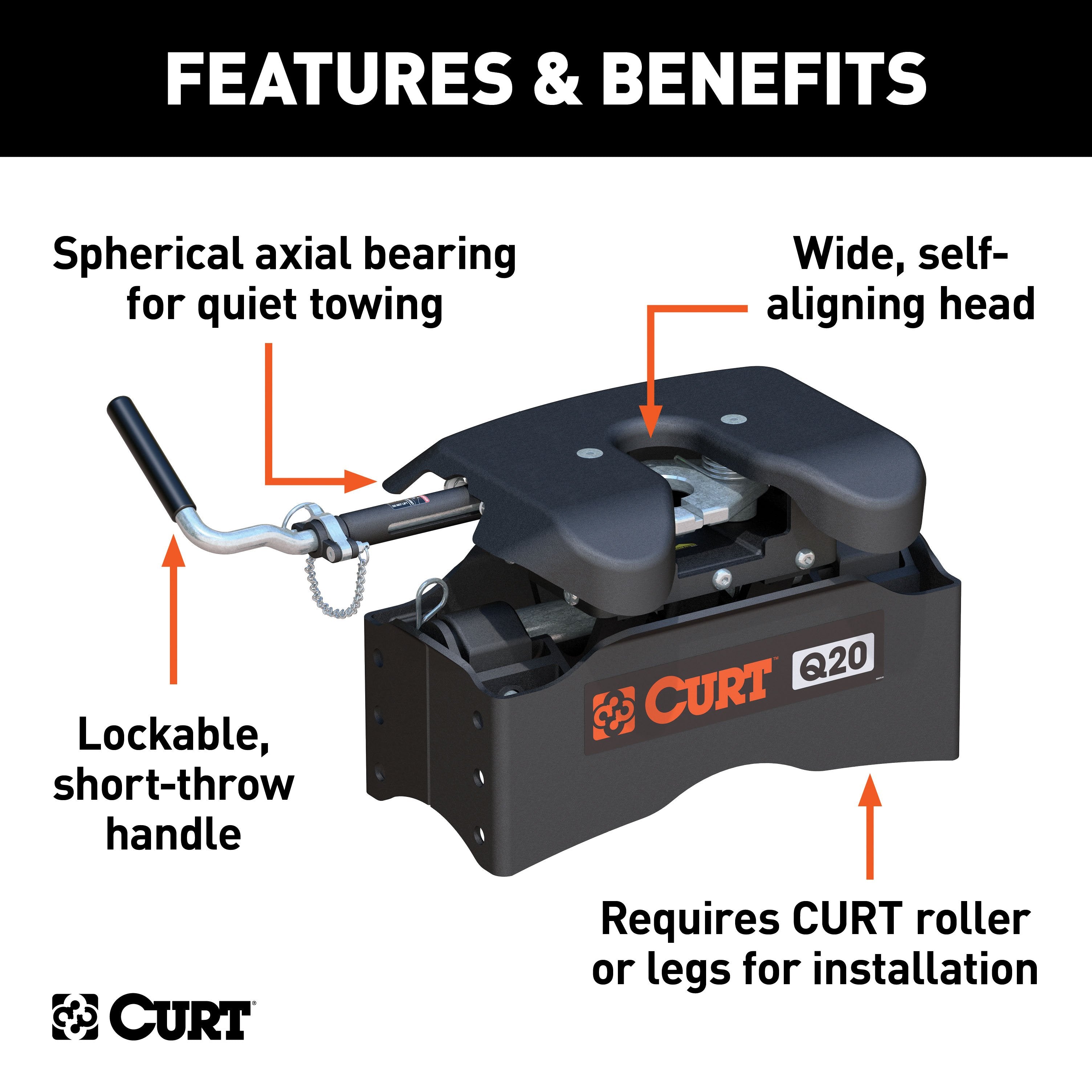 CURT Q20 5th Wheel Hitch Head Only, Legs or Roller Required, 20,000 lbs Model 16530