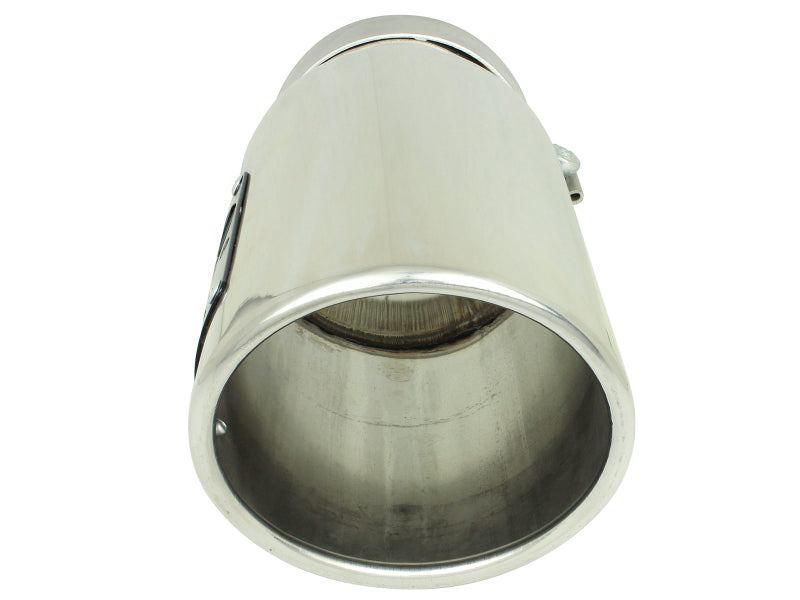 Polished stainless steel afe MACH Force-Xp universal exhaust tip with a 4-inch inlet, 5-inch outlet, and 12-inch length.