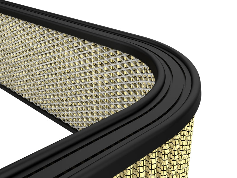 Custom air filter by aFe Magnum FLOW featuring expanded metal design, measuring 20.6 inches square and 5.7 inches high.