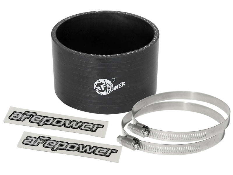 Black afe Magnum FORCE Intake Coupling Kit with straight coupler, two stainless steel clamps, and aFe Power stickers.