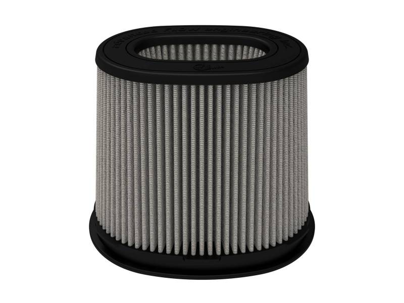 aFe MagnumFLOW Pro DRY S Air Filter featuring a cylindrical design with a gray filter media and a black top, optimized for airflow.