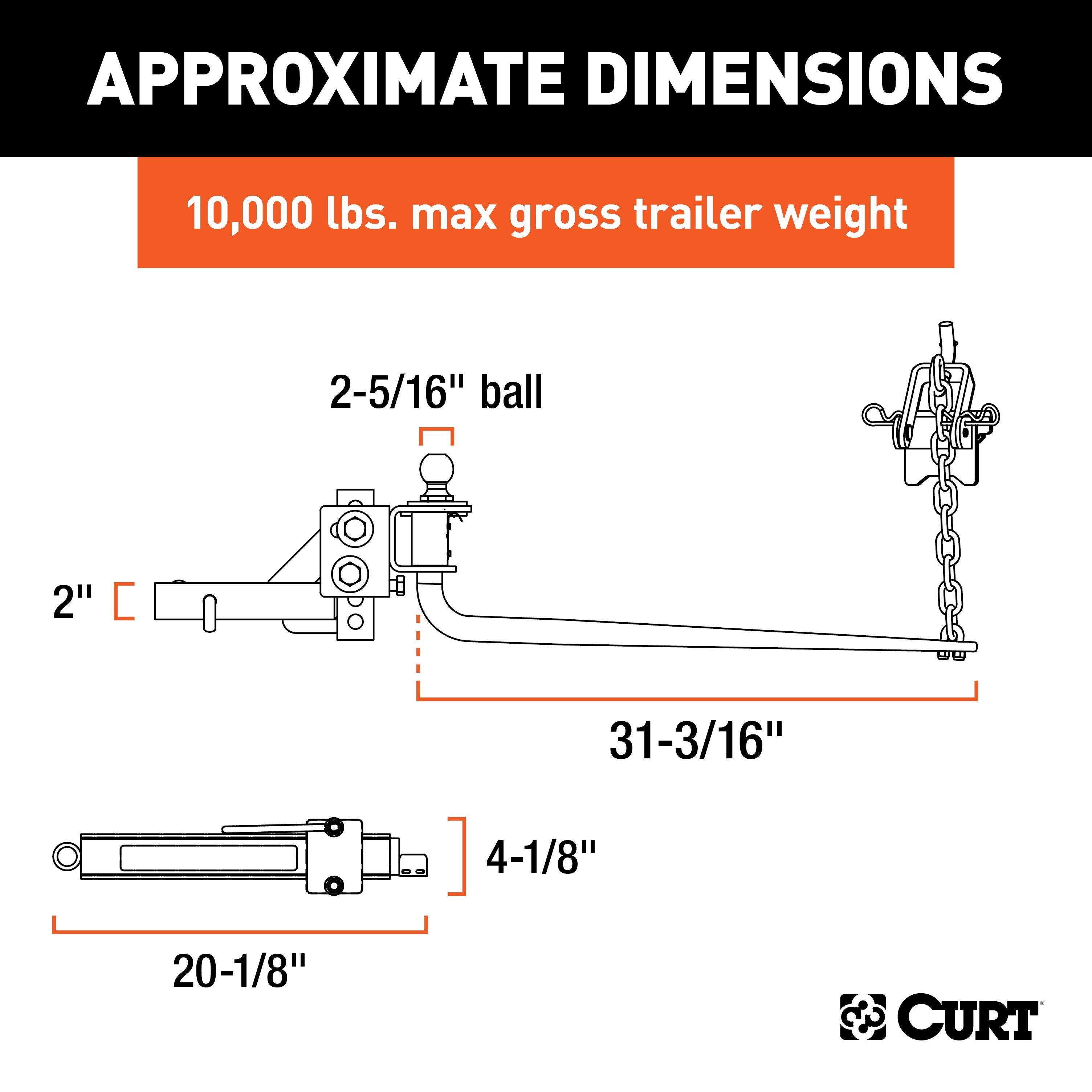 CURT Round Bar Weight Distribution Hitch with Integrated Lubrication and Sway Control, Up to 10K, 2-In Shank, 2-5/16-Inch Ball Model 17062