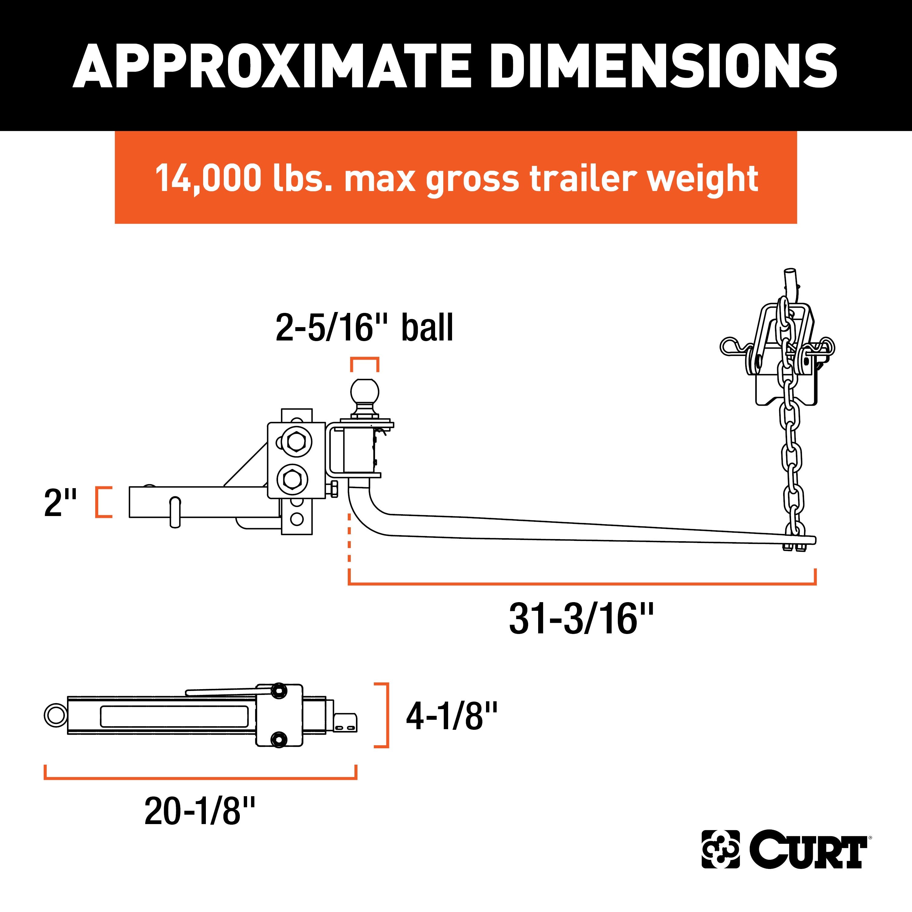CURT Round Bar Weight Distribution Hitch with Integrated Lubrication and Sway Control, Up to 14K, 2-In Shank, 2-5/16-Inch Ball Model 17063