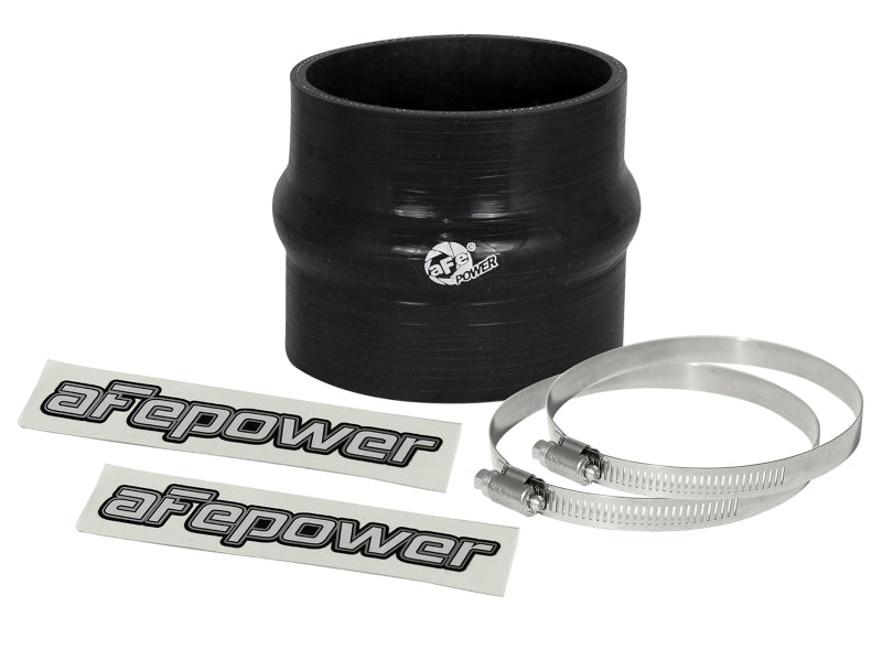 Black afe Magnum FORCE intake coupling kit with straight coupler, two metal clamps, and branded stickers for vehicle performance upgrades.