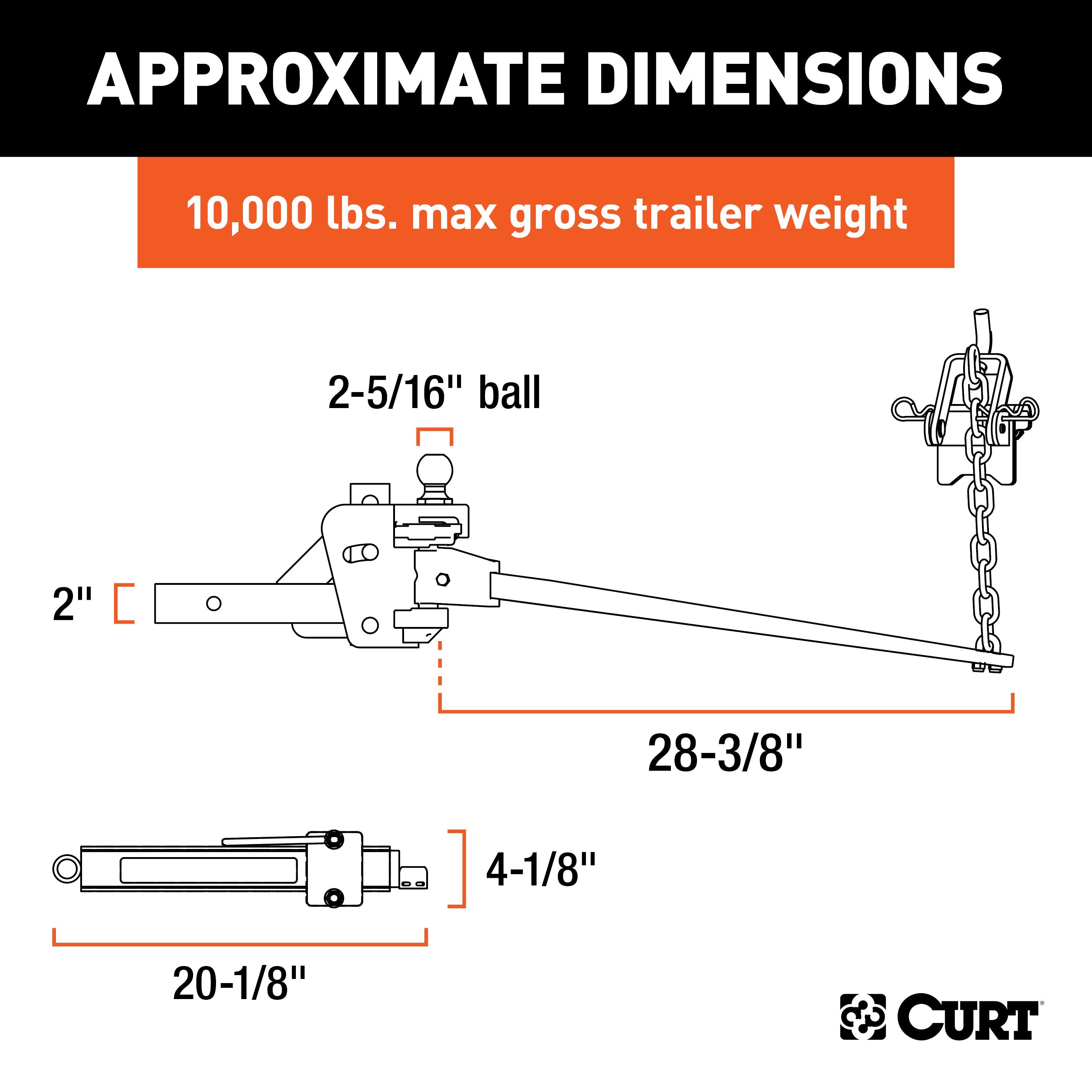 CURT Short Trunnion Bar Weight Distribution Hitch with Sway Control, Up to 10K, 2-In Shank, 2-5/16-Inch Ball Model 17322
