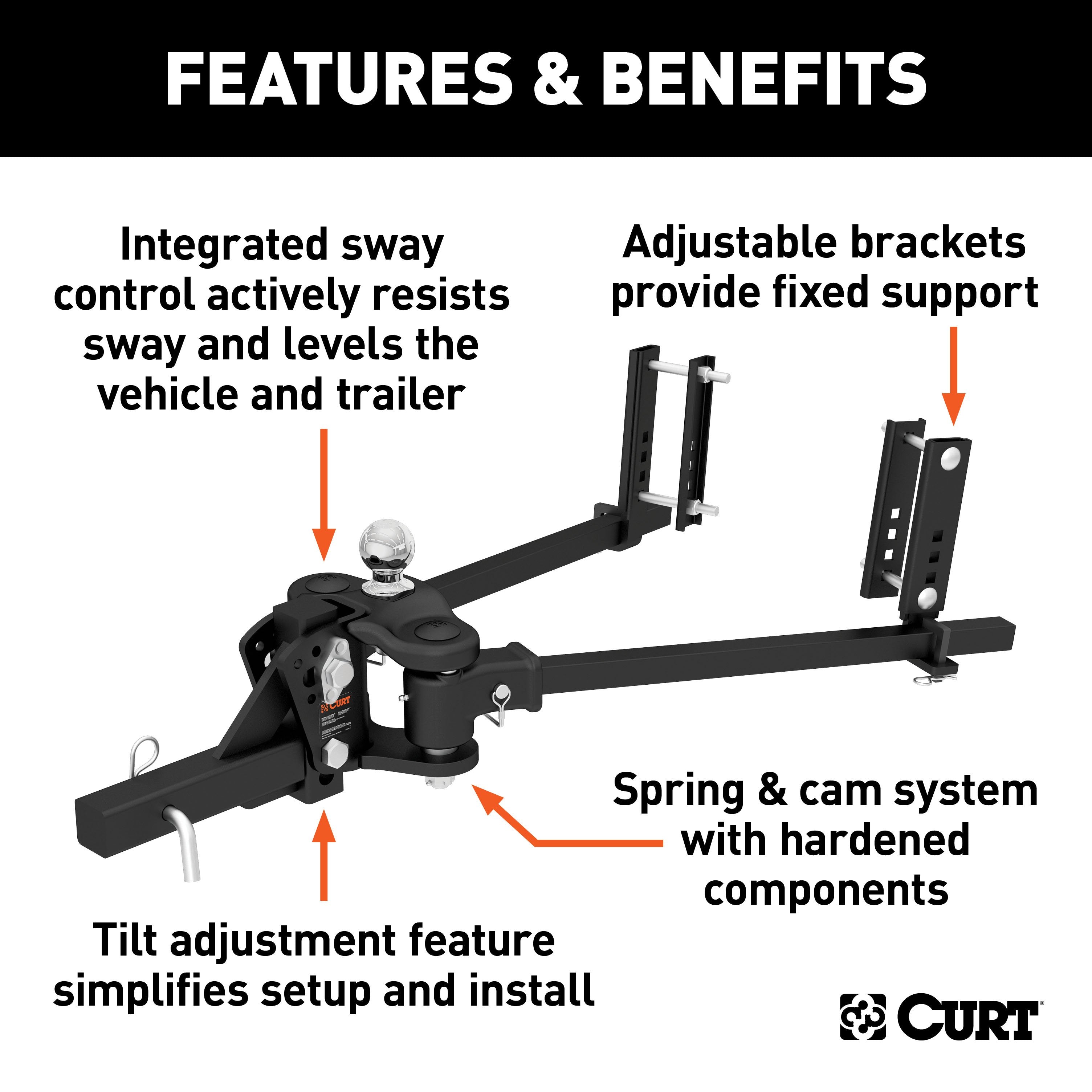 CURT TruTrack 4P Weight Distribution Hitch with 4x Sway Control, Up to 10K, 2-In Shank, 2-5/16-Inch Ball Model 17500