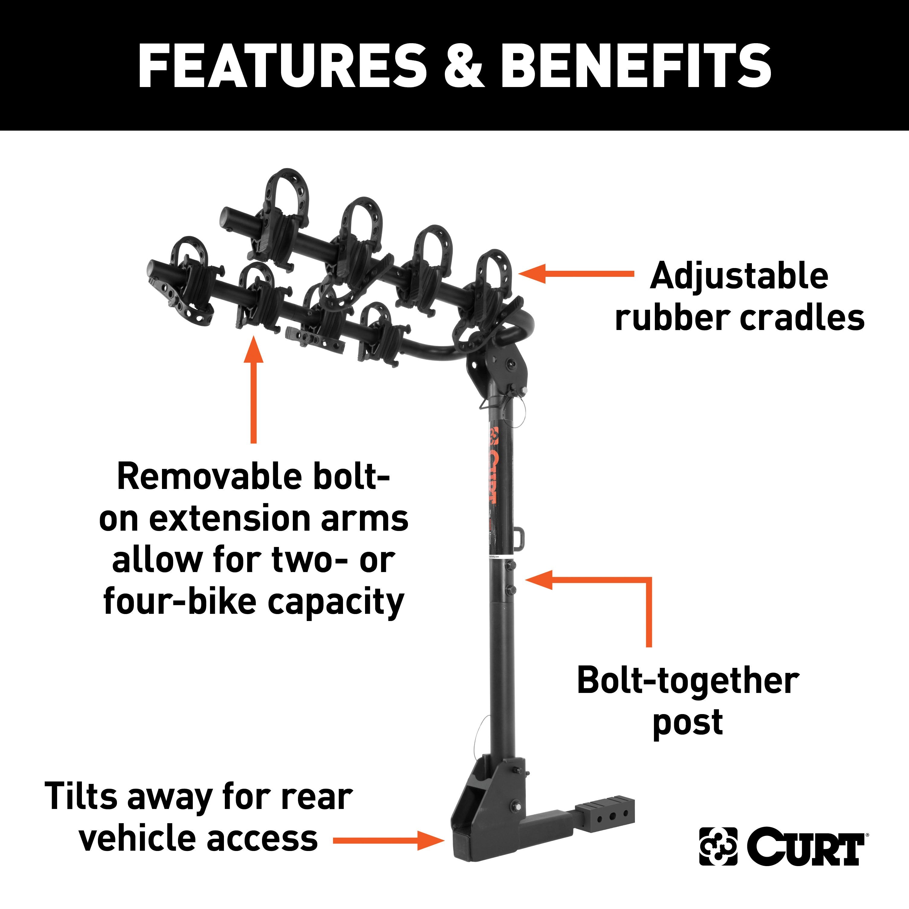 CURT Extendable Trailer Hitch Bike Rack Mount, Fits 1-1/4, 2-Inch Receiver, 2 or 4 Bicycles Model 18030