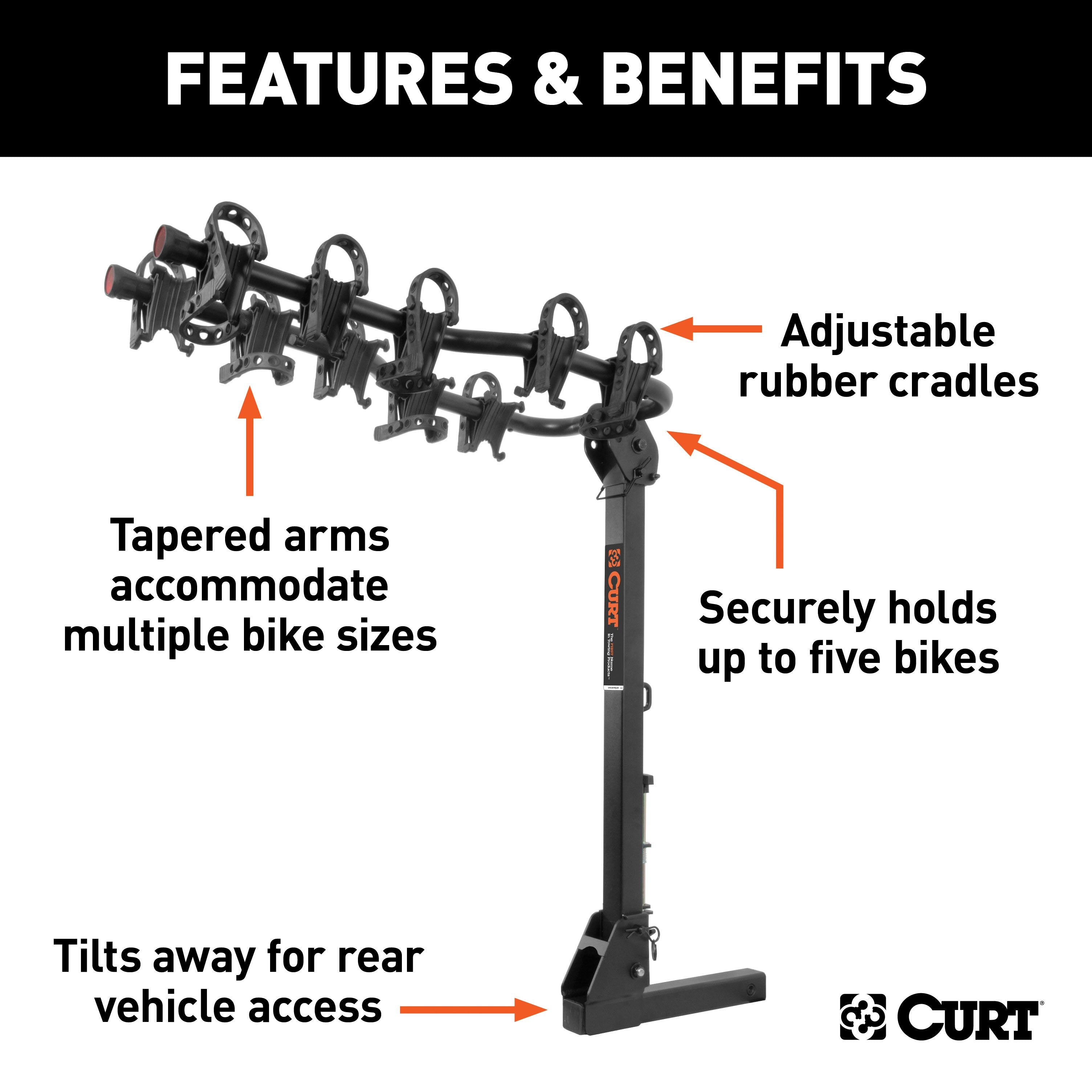CURT Premium Trailer Hitch Bike Rack Mount, Fits 2-Inch Receiver, 5 Bicycles Model 18065