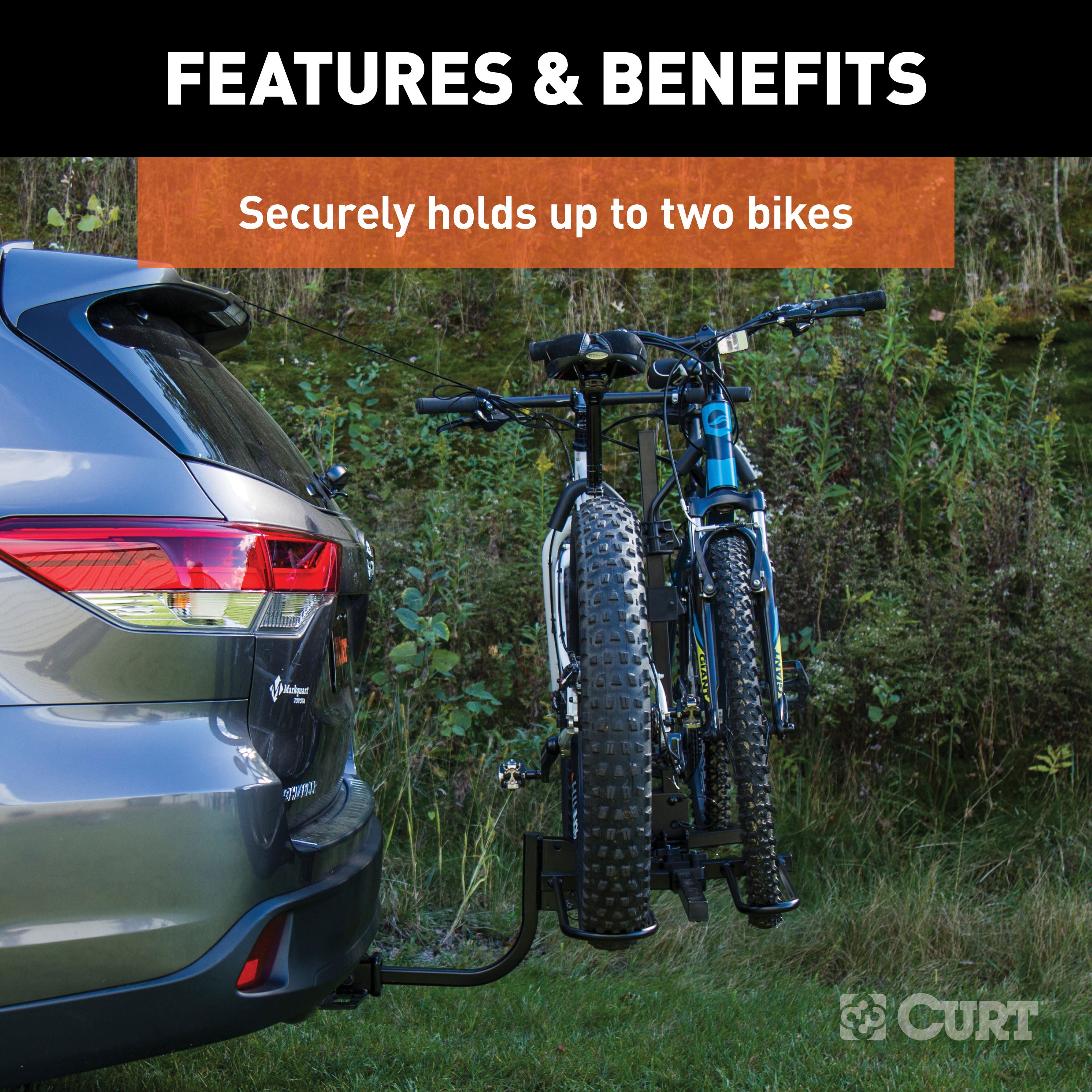 CURT Secure Locking Tray-Style Trailer Hitch Bike Rack Mount, 2 Bikes, Fits 1-1/4, 2-Inch Receiver Model 18085