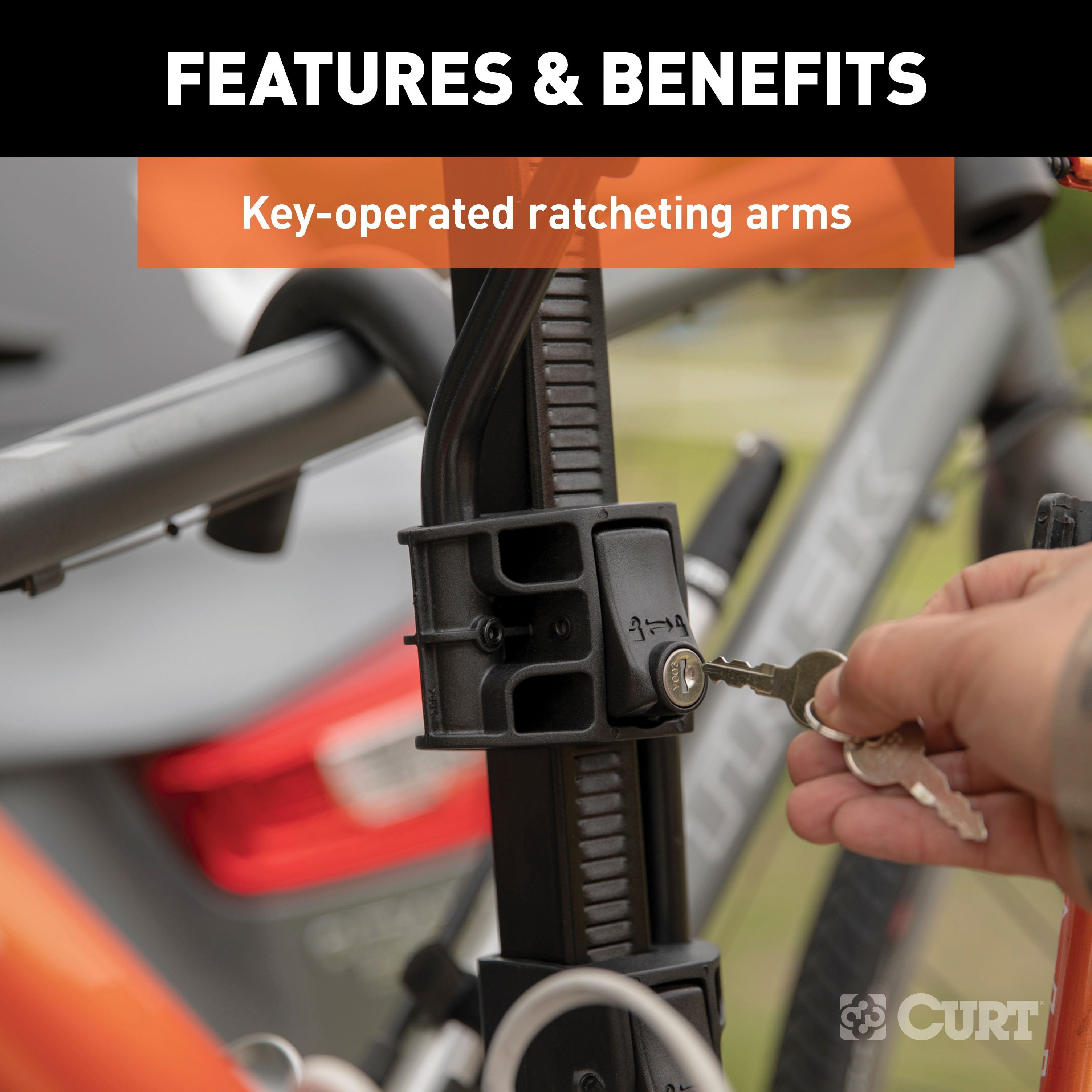 CURT Secure Locking Tray-Style Trailer Hitch Bike Rack Mount, 2 Bikes, Fits 1-1/4, 2-Inch Receiver Model 18085