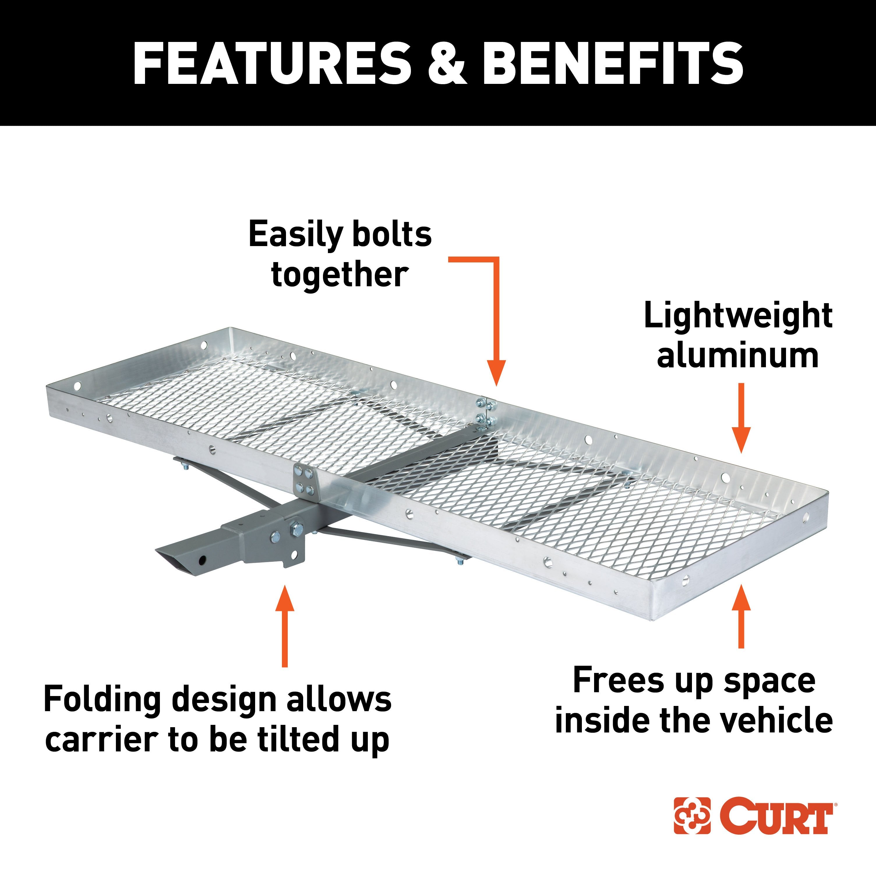 CURT 60 x 20-Inch Aluminum Tray Hitch Cargo Carrier, 500 lbs Capacity, 2-In Folding Shank Model 18100