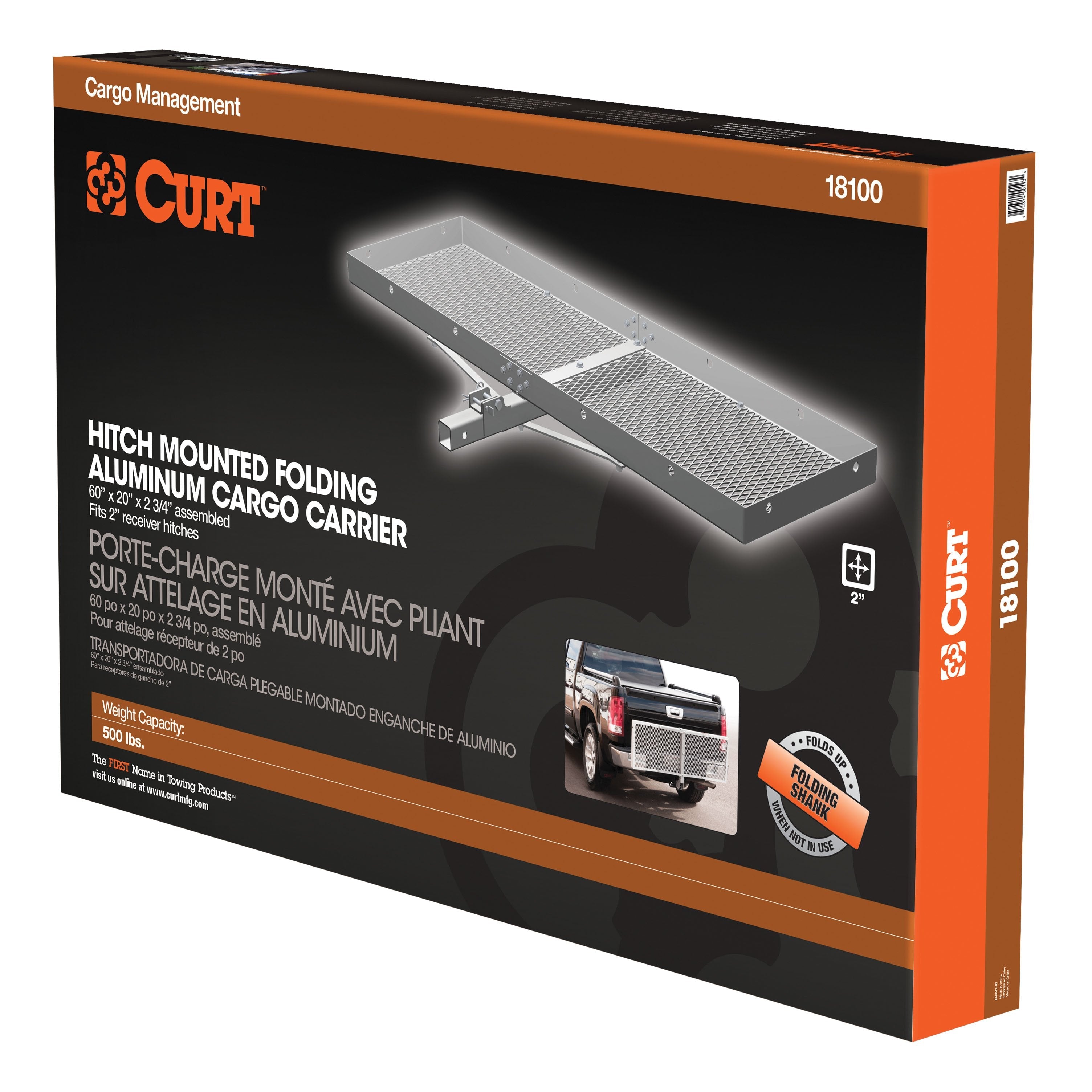 CURT 60 x 20-Inch Aluminum Tray Hitch Cargo Carrier, 500 lbs Capacity, 2-In Folding Shank Model 18100