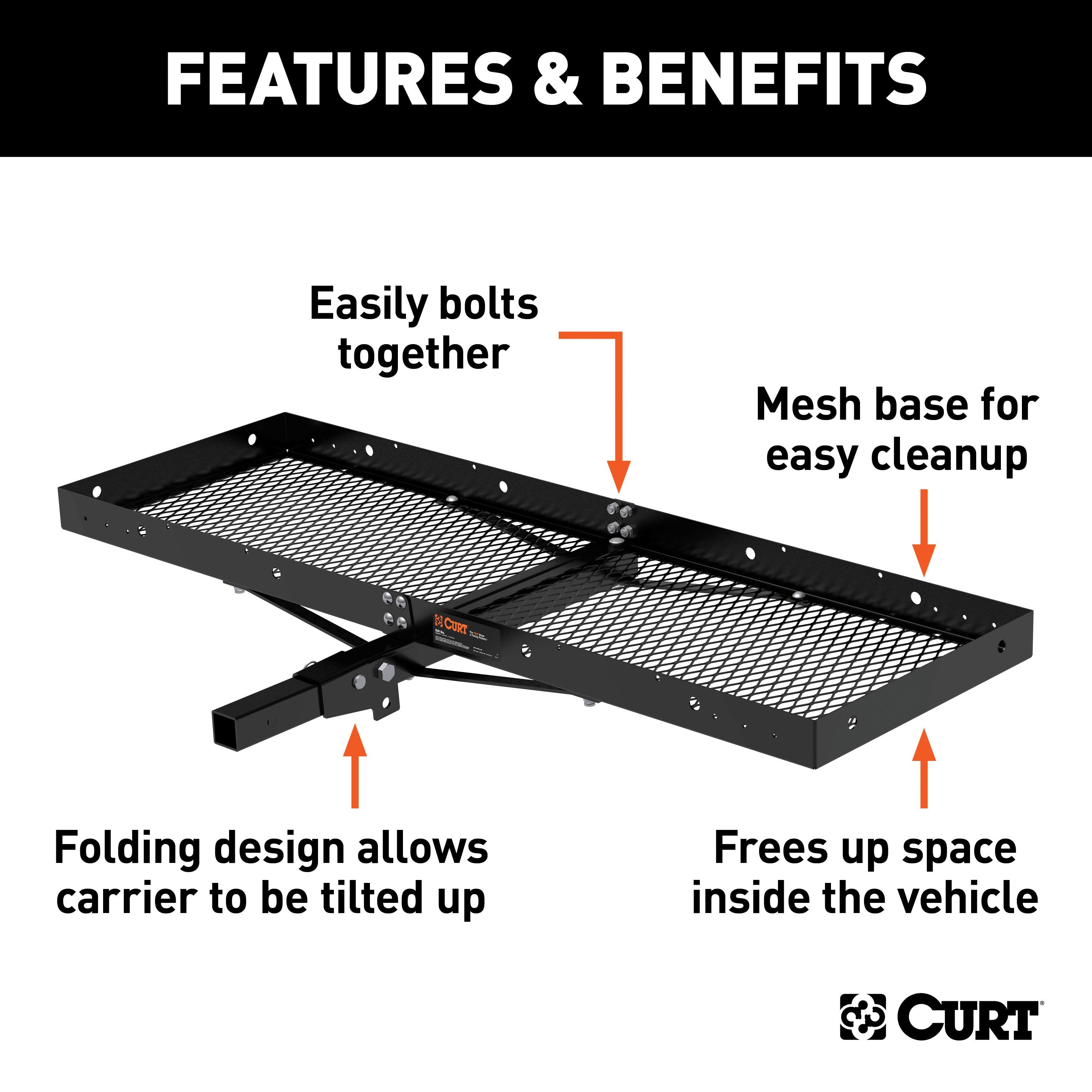CURT 60 x 20-Inch Tray Hitch Cargo Carrier, 500 lbs Capacity, Black Steel, 2-In Folding Shank Model 18109